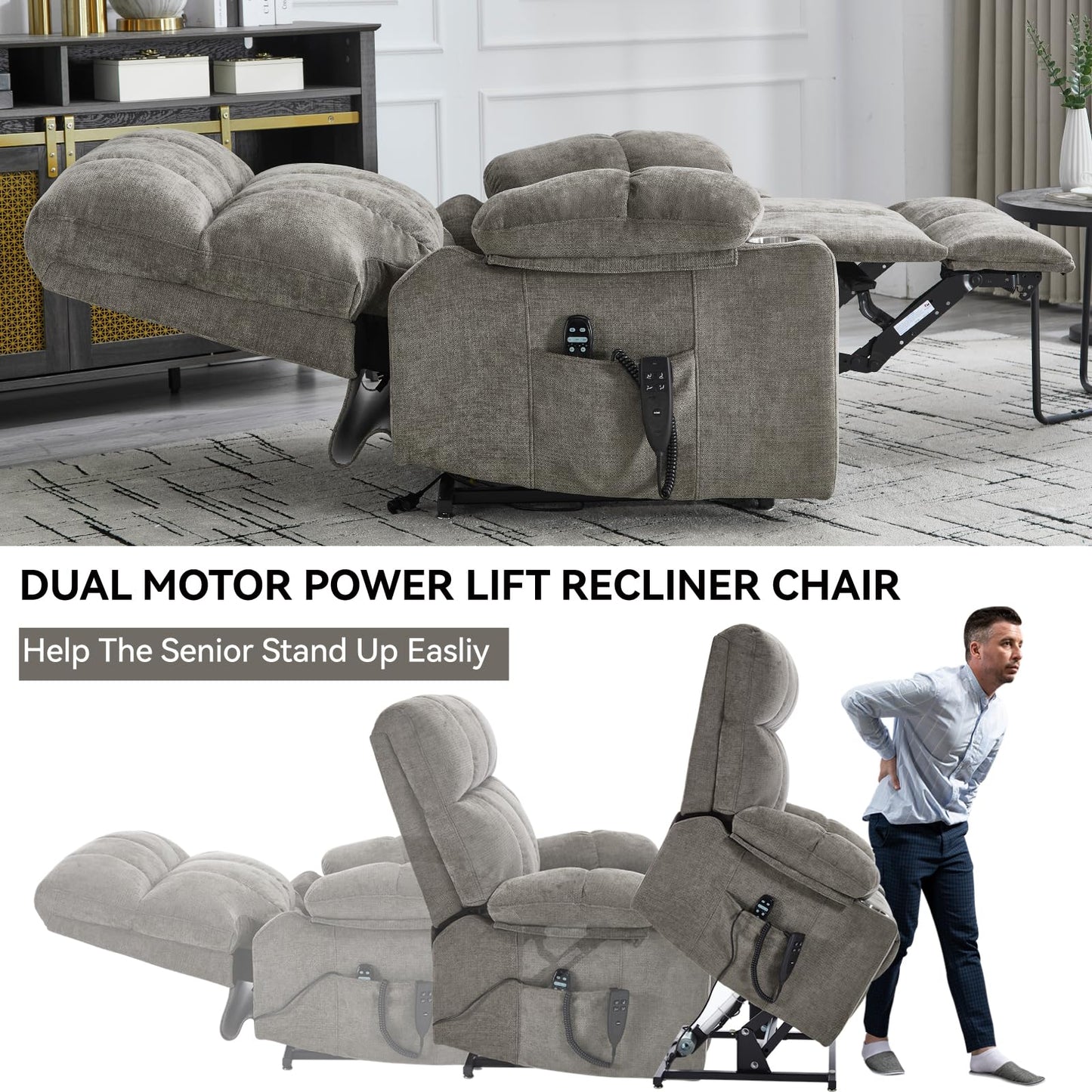Dual Motor Power Lift Recliner Chair with Heat and Massage, Infinite Position Lift Chair, Oversized Chenille Recliner with 8-Point Vibration, Cup Holders and Side Pockets for Living Room, Brown