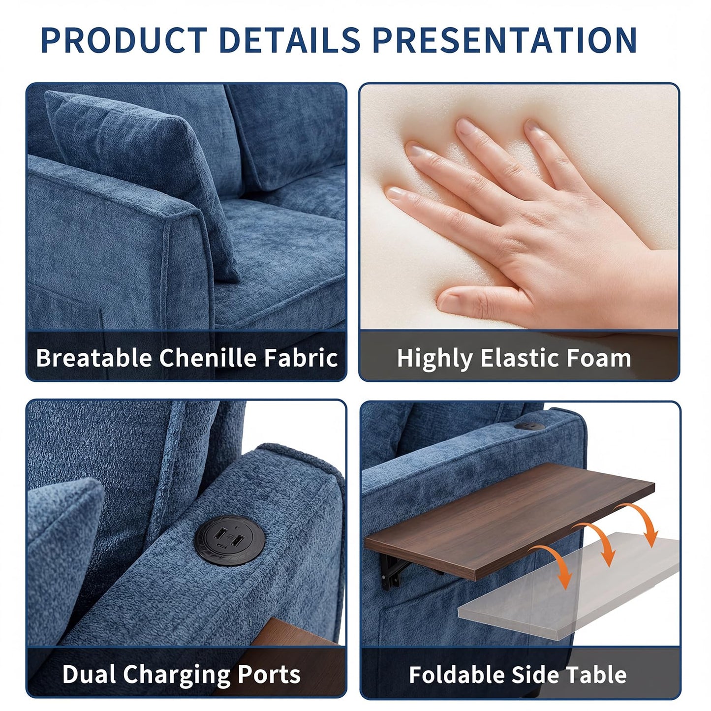 Modular Sectional Couch with Pull Out Sofa Bed, 116" U Shaped Modular Cloud Sofa Set with Ottoman, Charging Port & Foldable Side Table, 7 Seater Comfy Chenille Sleeper Couch for Living Room, Blue