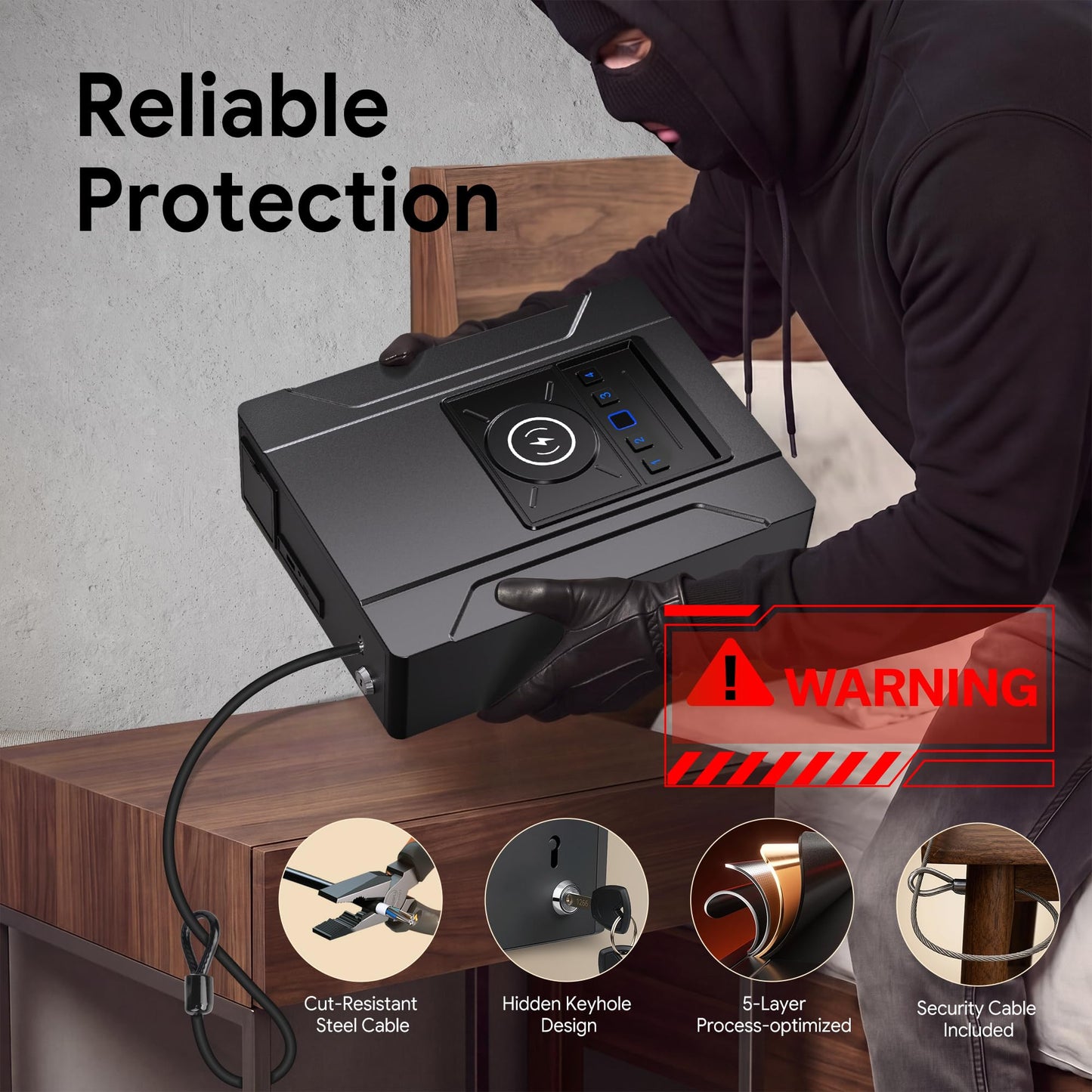ORARAER Bedside Gun Safe with Wireless Charging - Biometric Safe with Fast Fingerprint, Backup Key & USB-C Emergency Unlock, Alarm Clock & Humidity Display, Bolt Down for Home Security