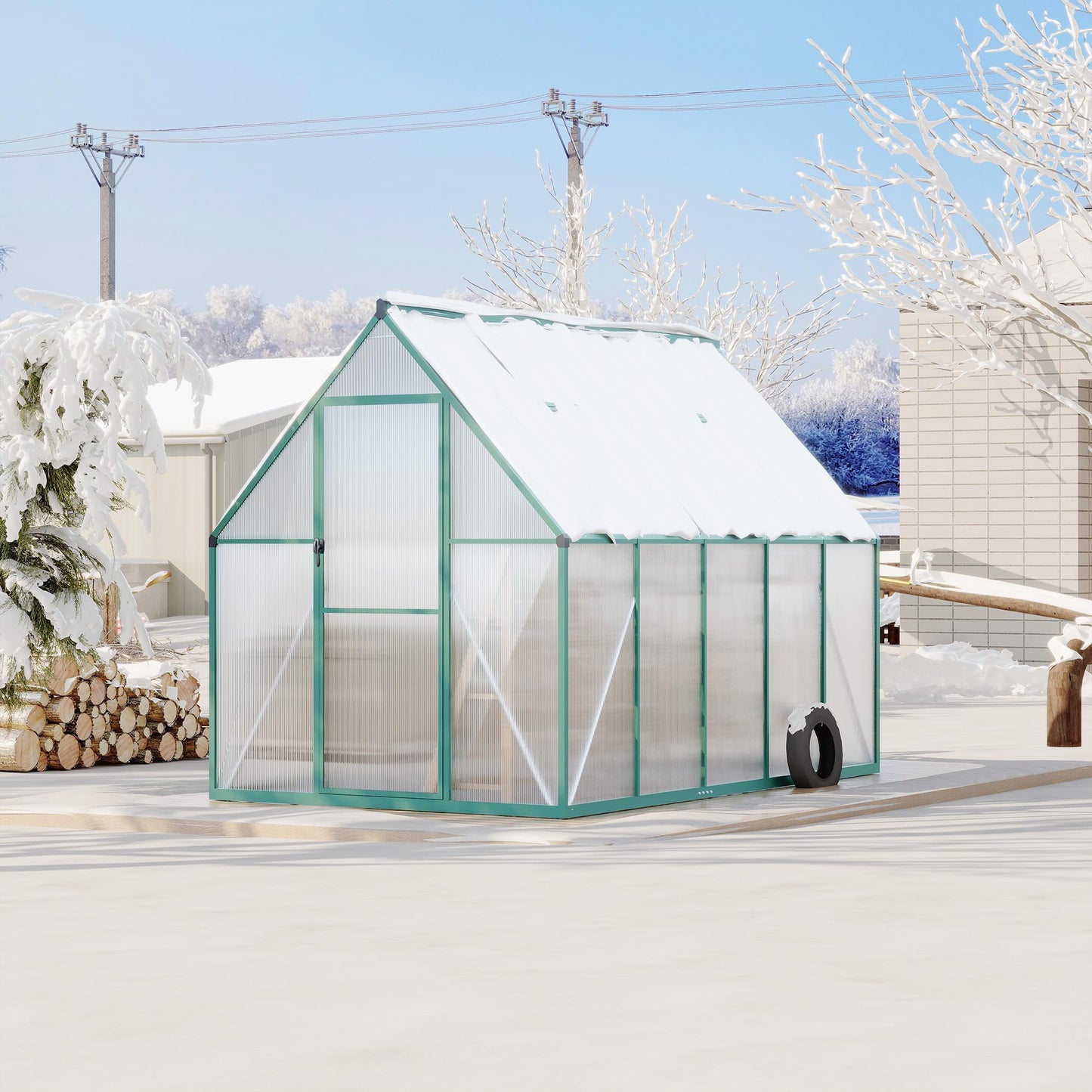 6x9 ft Polycarbonate Greenhouse with Aluminum Frame, Walk in Greenhouse with Adjustable Roof Vent, Heavy Duty Green House for Outside Garden Backyard, Easy Assembly, Green