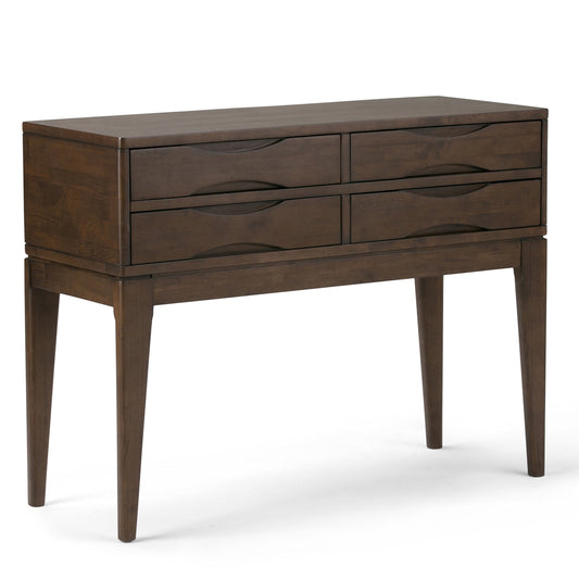 SIMPLIHOME Harper Console Table - 40 Inch Wide Solid Hardwood Sofa Table in Walnut Brown, Mid-Century Modern Storage Table for Entryway or Living Room with 4 Drawers, Notched Handles, and Tapered Legs