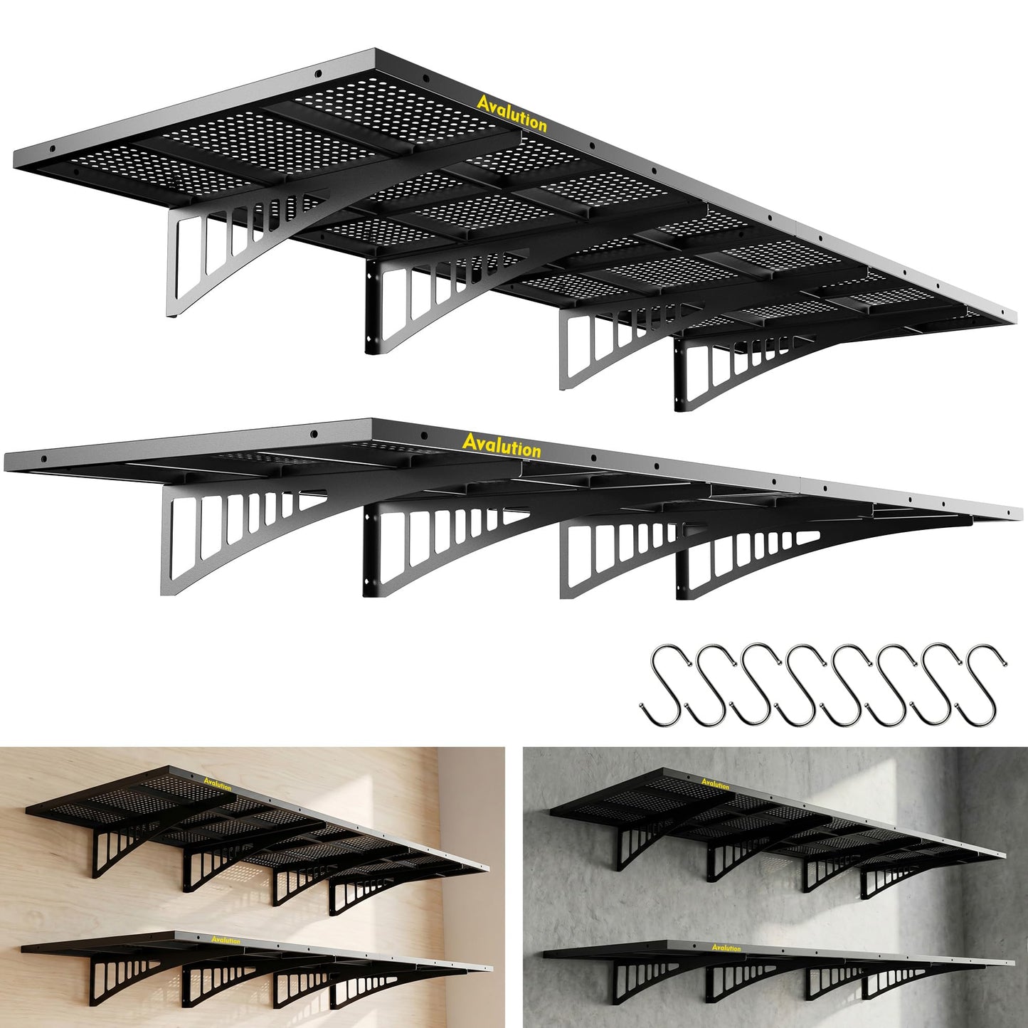 Avalution Garage Wall Shelving 4 Pack,2x3ft Garage Shelving Wall Mounted,1300lbs Capacity Heavy Duty Wall Organizer Storage Shelf with Hooks,Floating Shelves for Laundry, Basement,Warehouse,Black