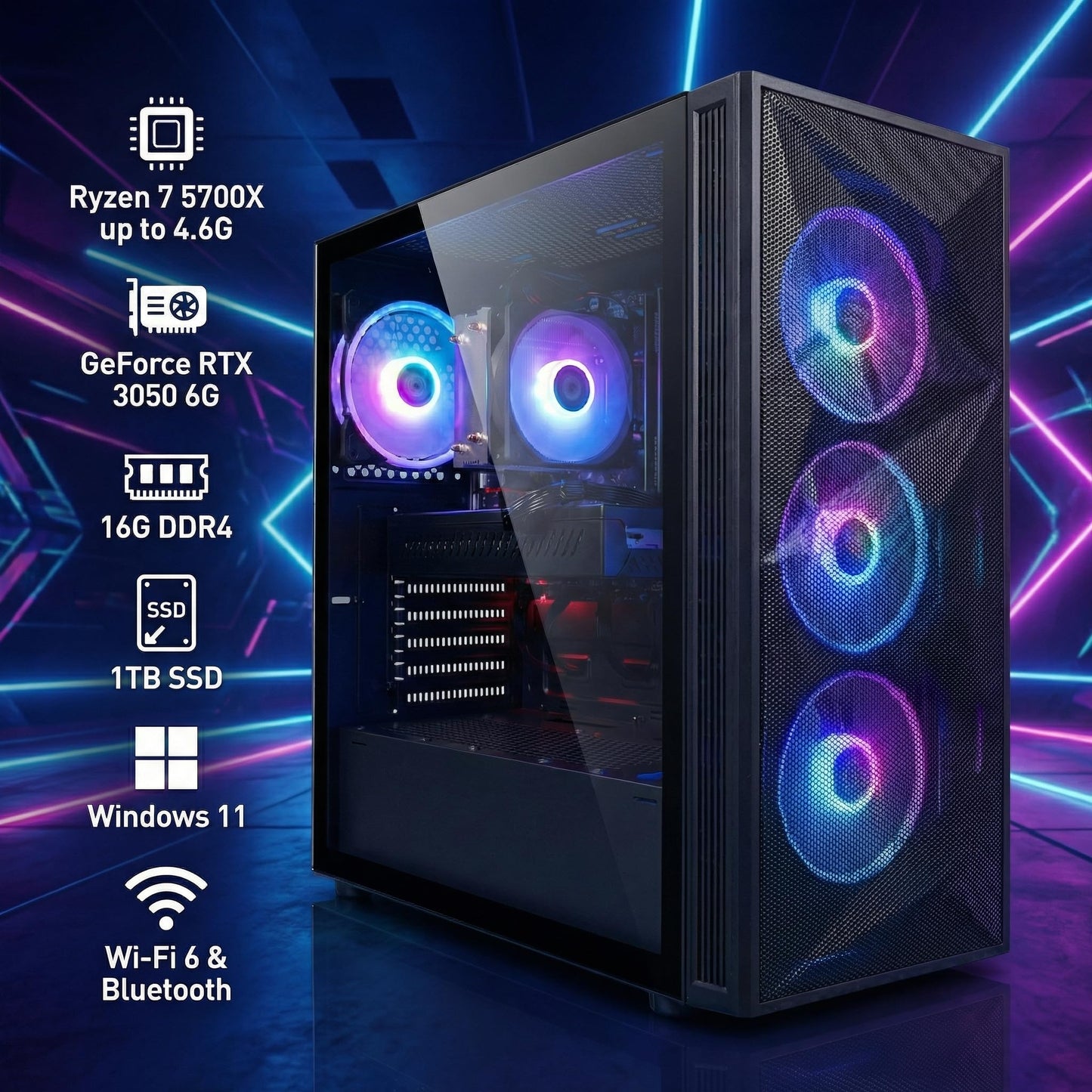 STGAubron Gaming PC Desktop Computer, AMD Ryzen 7 5700X up to 4.6G, GeForce RTX 3050 6G, 16GB DDR4, 1TB SSD, WiFi 6 & BT 5.2, RGB Fan x4, Windows 11 Home