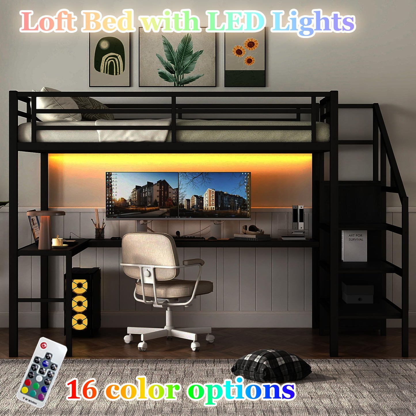 Bellemave Full Size Metal Loft Bed with L Shaped Desk and Wardrobe, Heavy Duty Loft Bed Frame with Storage Stairs, LED Loft Bed Frame with Charging Station & Safety Guardrails, Black