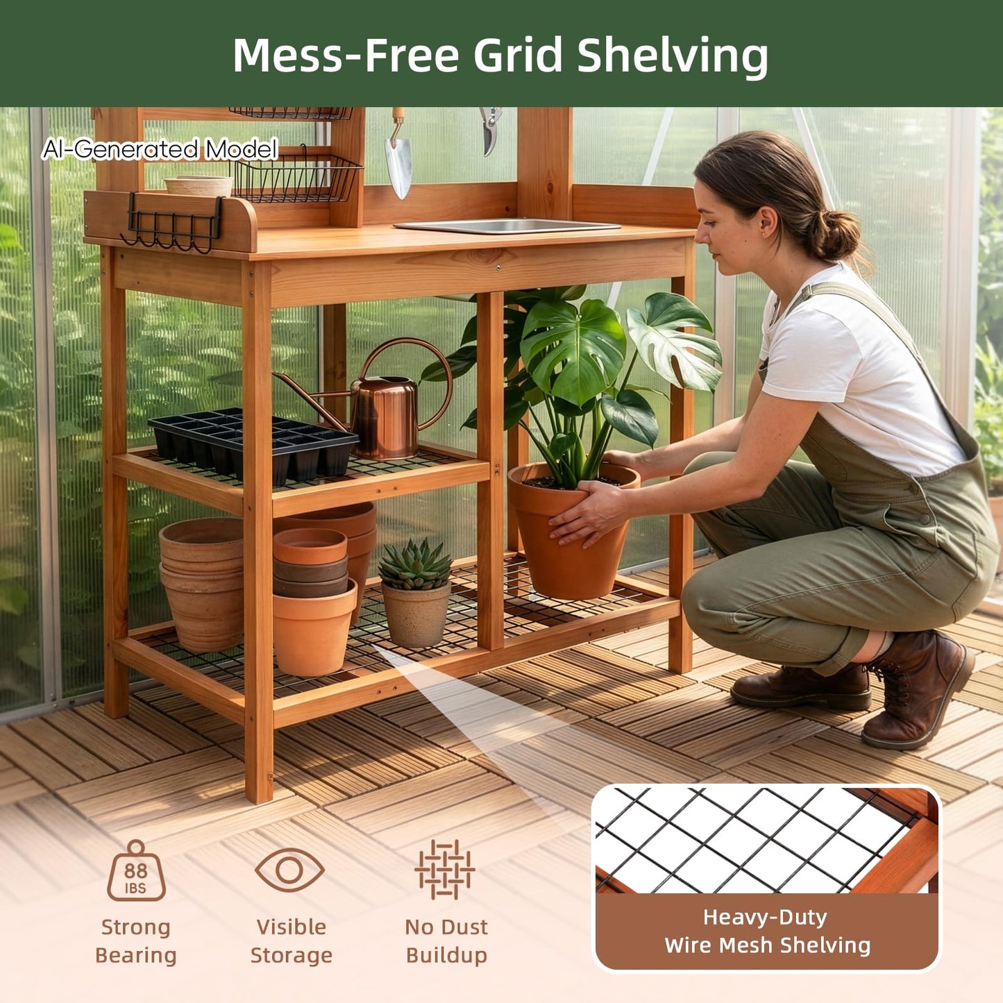 OOOK Potting Bench, Nordic Scots Pine Potting Table, Removable Sink, Workstation for Outside Patio Lawn, Wooden Garden Work Station