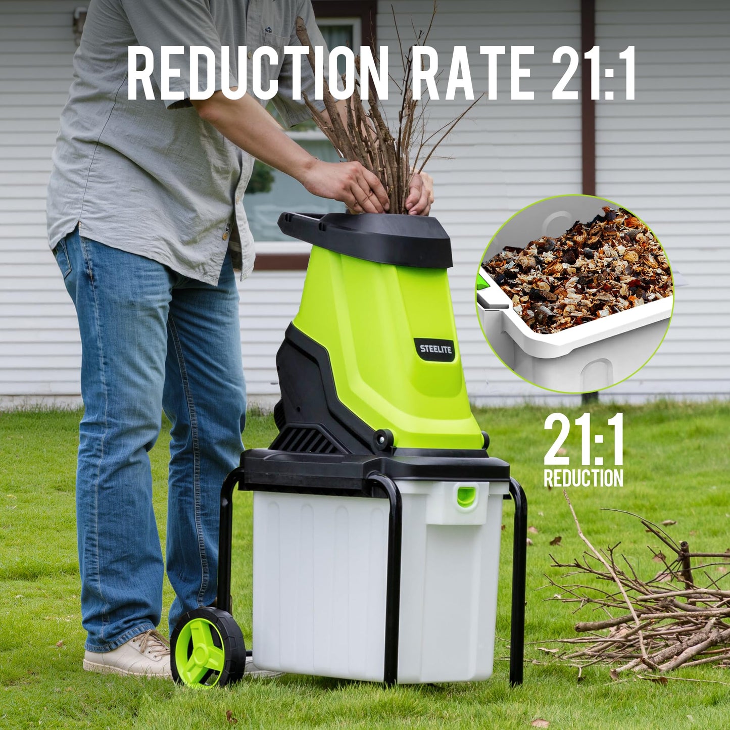 Steelite 1.8" 15 Amp Electric Wood Chipper, 55L Collection Bin Electric Mulcher Chipper Shredder, Wood Chipper with Max 4000RPM Motor Speed, Easy-Cleanup Dual Steel Blades Ideal for Twigs, Branches