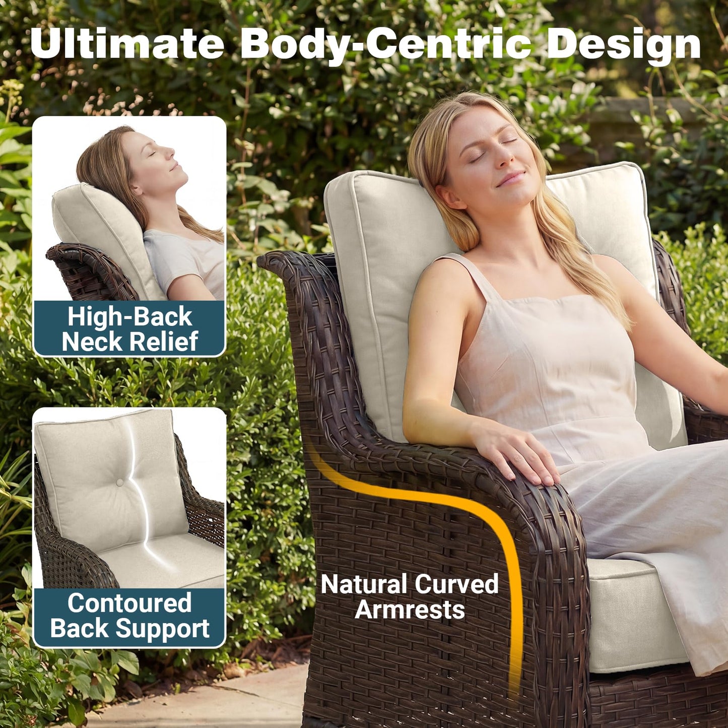 ADRERIC Luxury Patio Conversation Set, 3-Piece Ergonomic High Back Wicker Swivel Chair Set with 6-Inch Deep Seating Cushions, Large Patio Furniture Set for Garden, Deck & Balcony, Beige