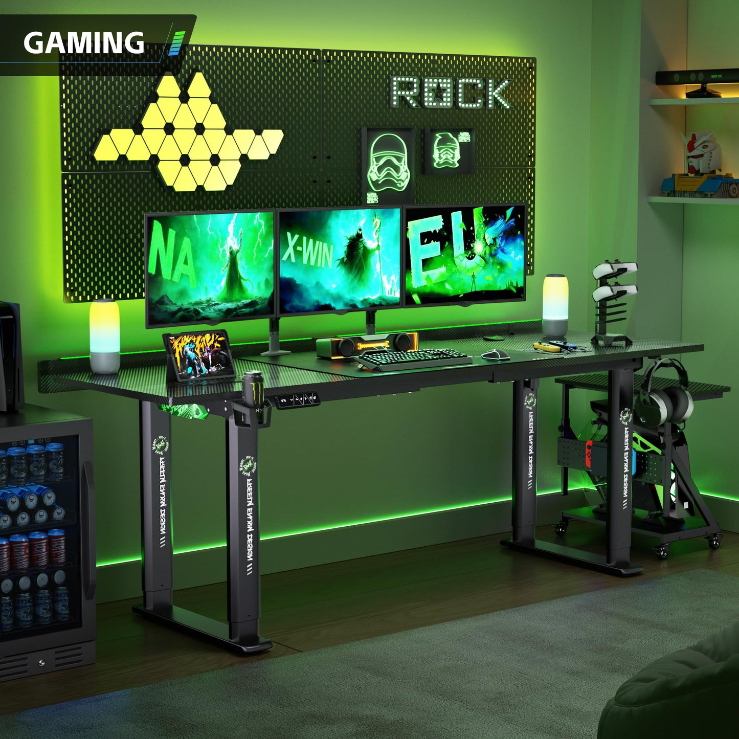 Klobel 71" Gaming Standing Desk for Gamers & Streamers, 4-Leg Electric Sit Stand Desk with LED Lights, Flip-Top Cable Management, Stable Computer Desk with Wheels