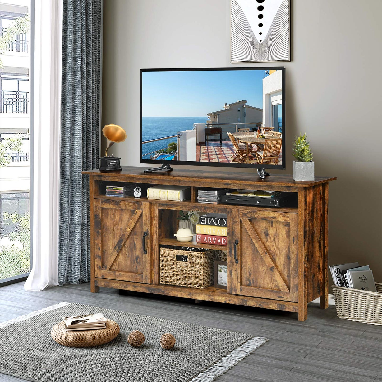 Tangkula Industrial TV Stand with Barn Doors for TVs up to 65 Inches, Farmhouse TV Console Cabinet with Shelves & Cabinets, Rustic Entertainment Center for Living Room, TV Console Table, Rustic Brown