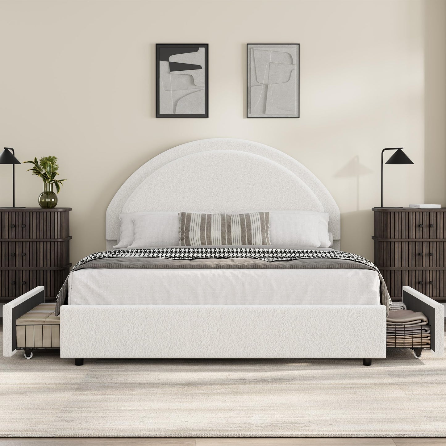 Garvee Full Size Bed Frame with Storage Drawers, Upholstered Boucle Platform Bed with Round Headboard, Heavy Duty & Noise Free, No Box Spring Needed, White