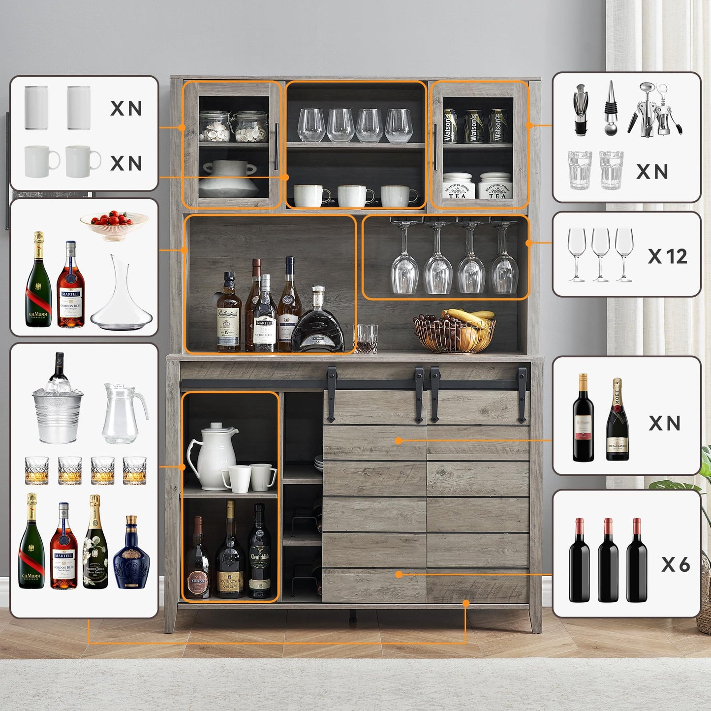 GarveeHome 70 in Tall Farmhouse Coffee Bar Cabinet, Kitchen Hutch Storage with Sliding Barn Door, Kitchen Buffet with Wine Rack, Glass Holder, Wine Bar Cabinet for Dining Room, Living Room, Gray