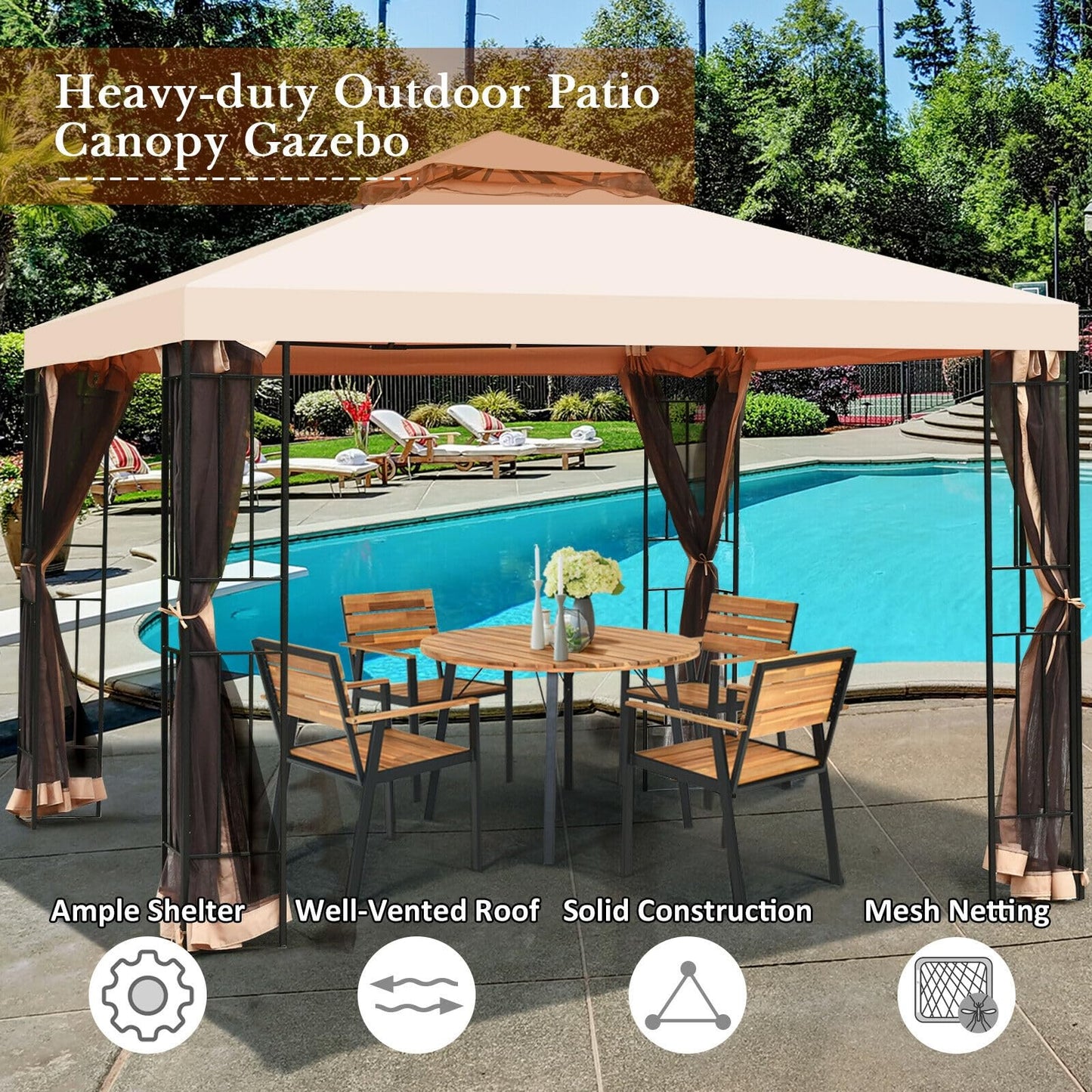 LAUSAINT HOME Outdoor Gazebo 13 x 11 FT, Steel Frame Garden Gazebo with Ventilated Double Roof & Mesh Netting, Patio Party Canopy Shelter for Backyard, Lawn & Deck, Brown