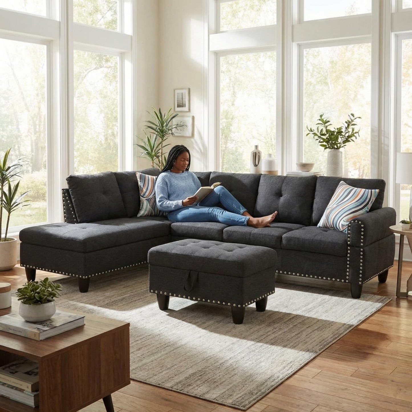 Trygoal 97" Linen 4-Seat L-Shaped Sectional Sofa with Movable Chaise & Storage Ottoman - 3-Piece Modular Convertible Couch for Living Room, Bedroom, Apartment & Office, Black Grey