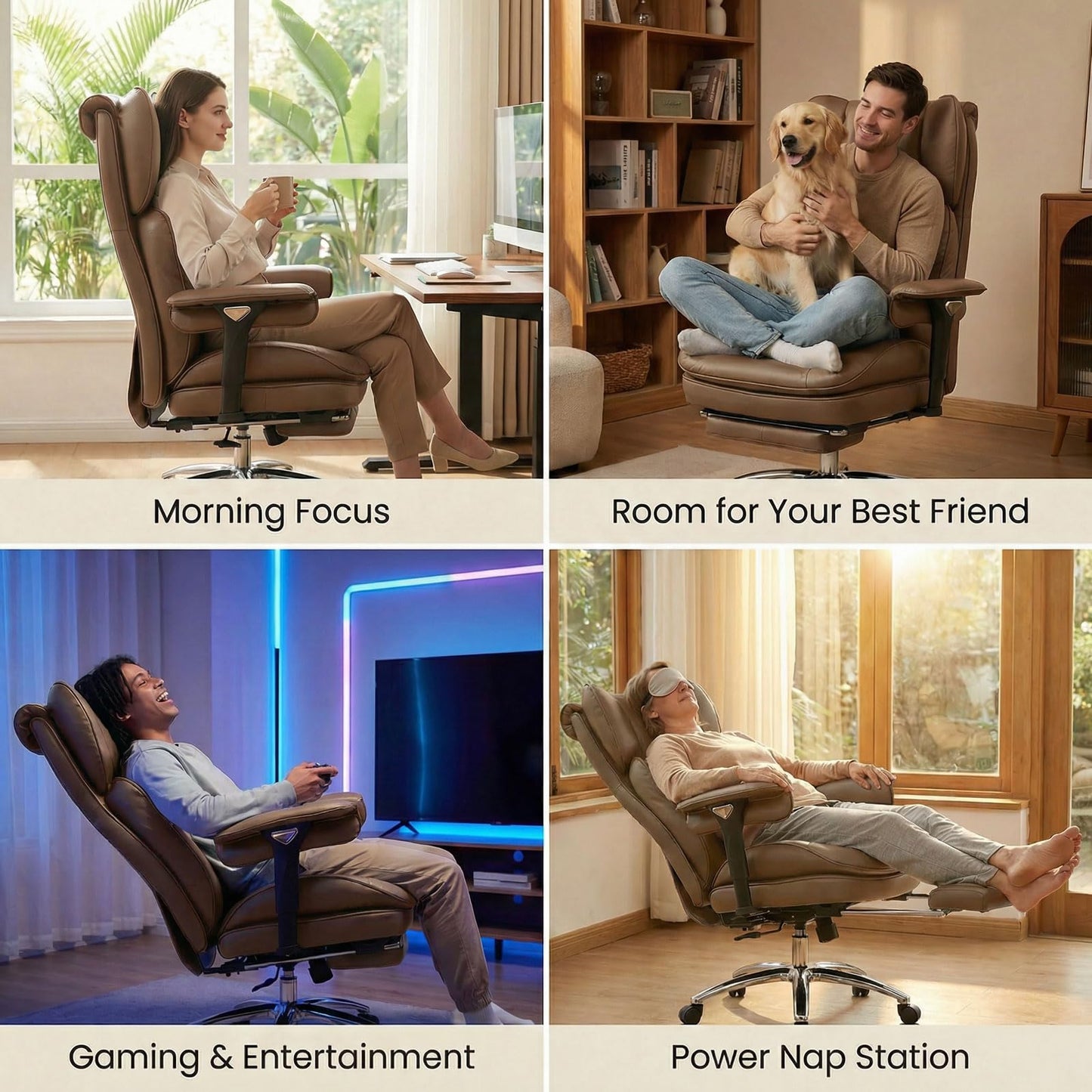 Efomao Big & Tall Executive Office Chair with Footrest - 400lbs Heavy Duty High Back PU Leather Desk Chair, Modern Ergonomic Reclining Computer Chair, Brown