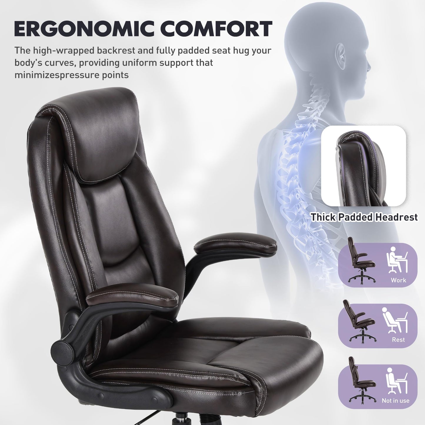 400lbs Capacity Executive Desk Chair Set of 2 with Ergonomic Lumbar Support, Flip-up Arms & High Back Leather Computer Chair for Home/Office, Brown