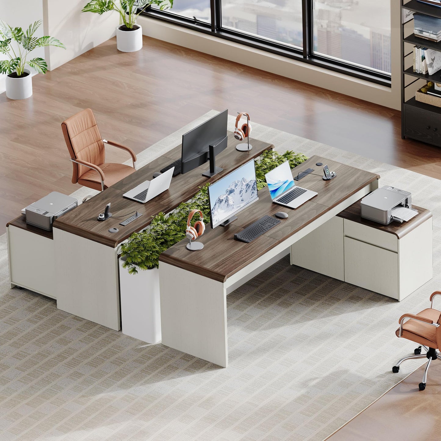 Homiflex Mid-Century Modern 78" L-Shaped Executive Desk with Independent Mobile File Cabinet, Large Home Office Desk with Drawers and 4 AC + 2 USB Power Outlets, Waterfall Edge Design, White & Walnut