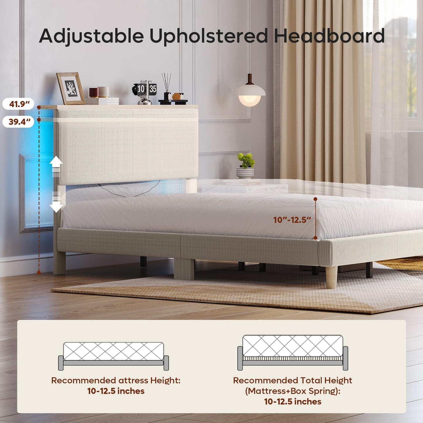 Bestier Queen Bed Frame with Adjustable Headboard & LED Lighting, Corduroy Upholstered Platform Bed Frame with Storage Shelf, Solid Wood Slats, No Box Spring Needed,Never Squeak, Easy Assembly, Beige