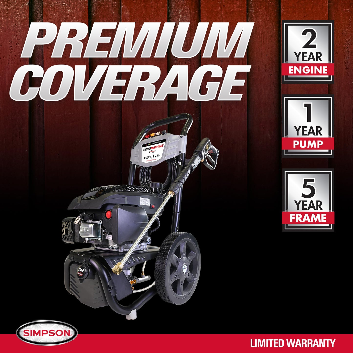 Simpson Cleaning 3200 PSI Gas Pressure Washer, 2.5 GPM Residential Power Washer with Soap Tank and Turbo Nozzle, 25' Hose, Clean Machine, 49-State (CM61456)