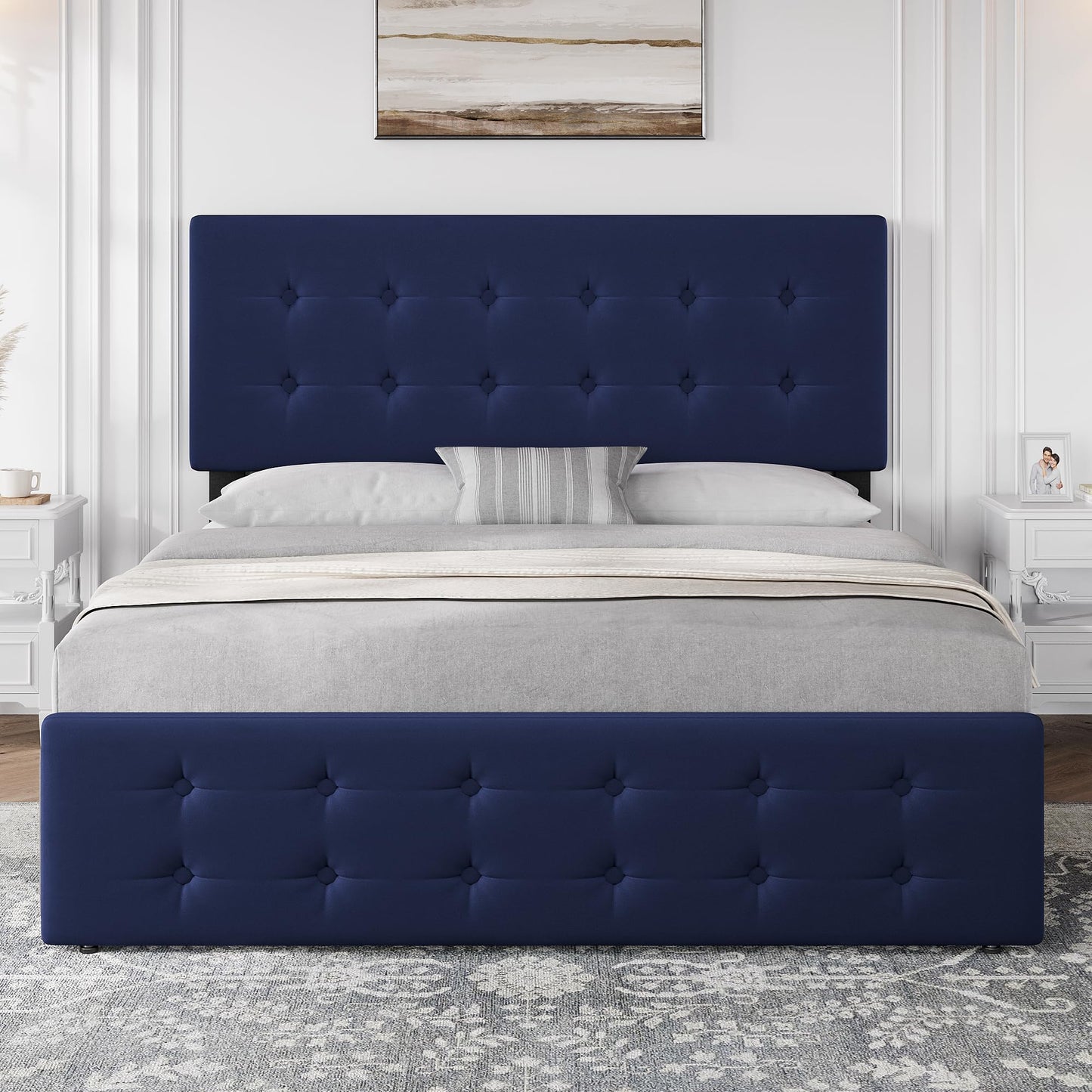 GAOMON Queen Size Bed Frame with 4 Drawers and Adjustable Headboard, Velvet Upholstered Platform Bed with Button Tufted Design, No Box Spring Needed, Strong Wooden Slats, Blue