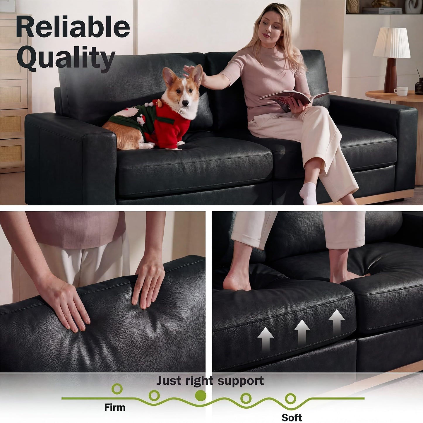 WEUP 86" Modern Single Sofa for Living Room,2 Seater Deep Seat Modular Sofa Couch,PU Leather,Solid Wood Frame,Spring Cushions, Removable Covers,Tool-Free Assembly for Small Spaces,Black