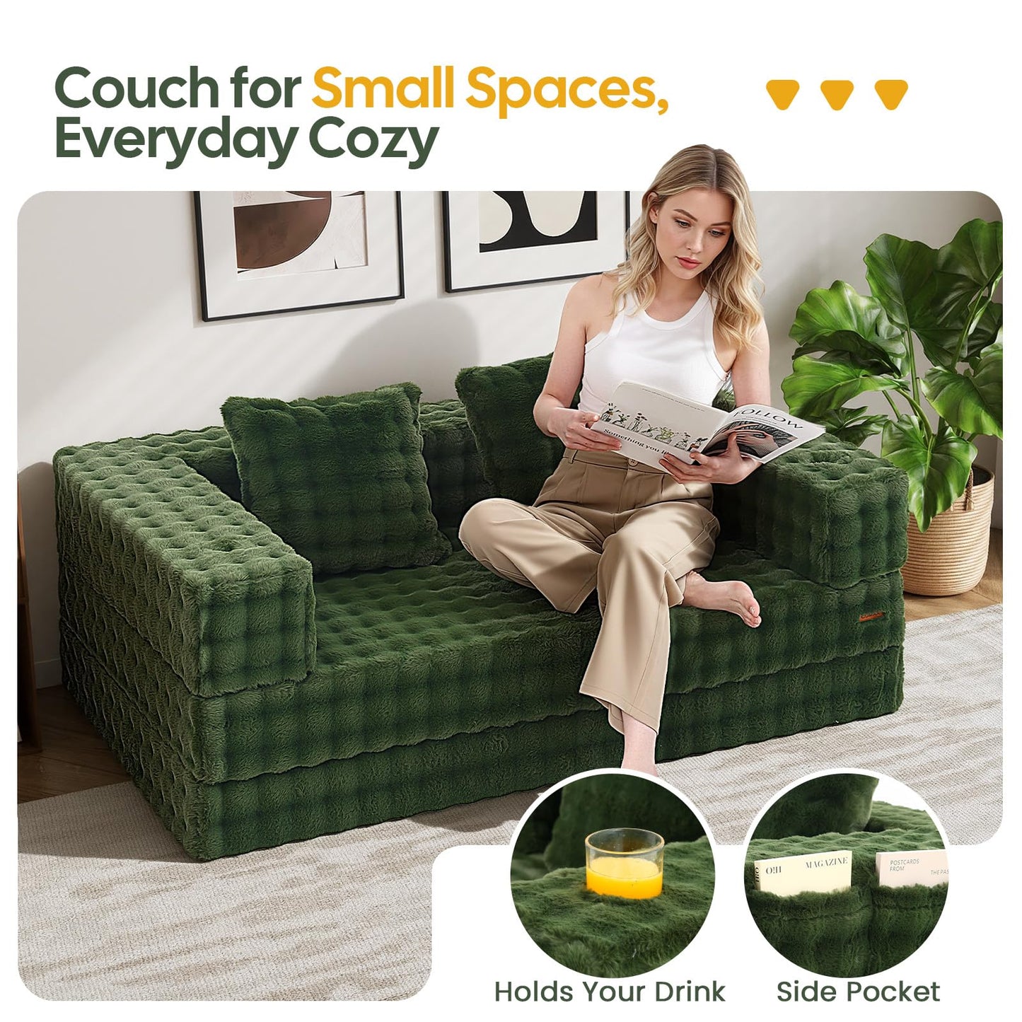 COMAX Futon Sofa Bed, 4‑in‑1 Convertible Sofa Bed, Folding Boneless Couches for Living Room, Fold Out Small Foldable Loveseat Floor Sleeper Comfy Mattress Lounge Space‑Saving, Classic Green