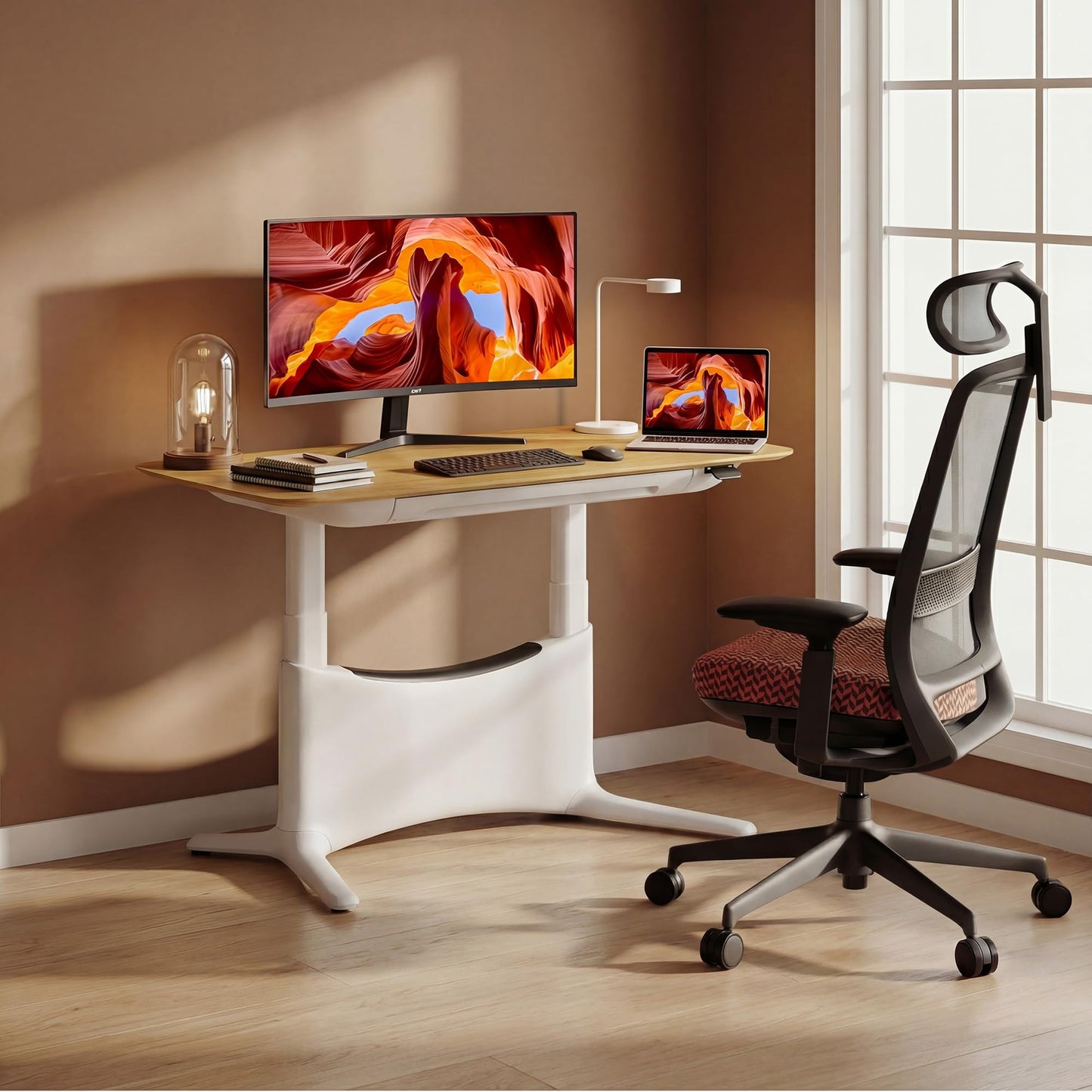 COLAMY Electric Standing Desk 55x28, Desktop Wobble-Free Dual Motor Sit Stand Up Desk with Drawers, Outlets & Footrest, Adjustable Height Computer Table for Home Office Workstation, Oak,White