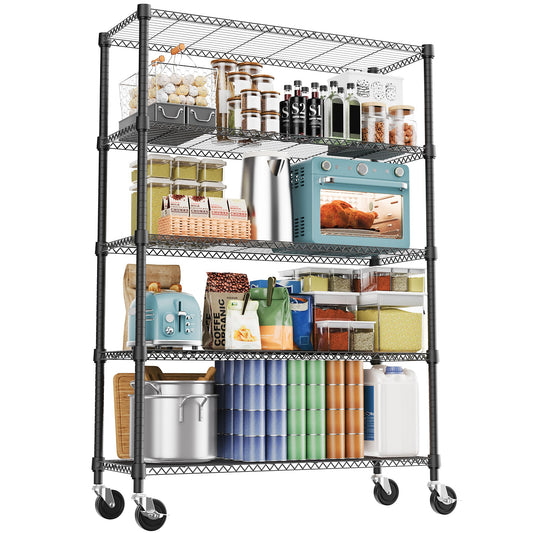 M MZG 1750LBS 47.2" W 5 Tiers Storage Shelves Metal Shelving Unit with Wheels Heavy Duty Garage Shelving Adjustable Wire Shelves for Pantry,Kitchen,Garage,Basement,Black 17.7" D x 47.2" W x 76.8" H