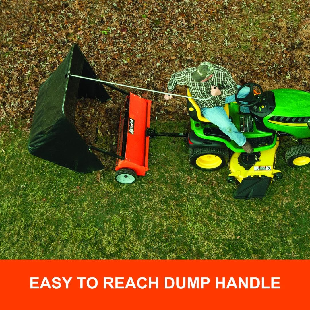 Agri-Fab 44 In Tow-Behind Lawn Sweeper with 28 Cu Ft Flow-Through Hopper Bag, Adjustable Brush Height, and Dump From Seat Handle