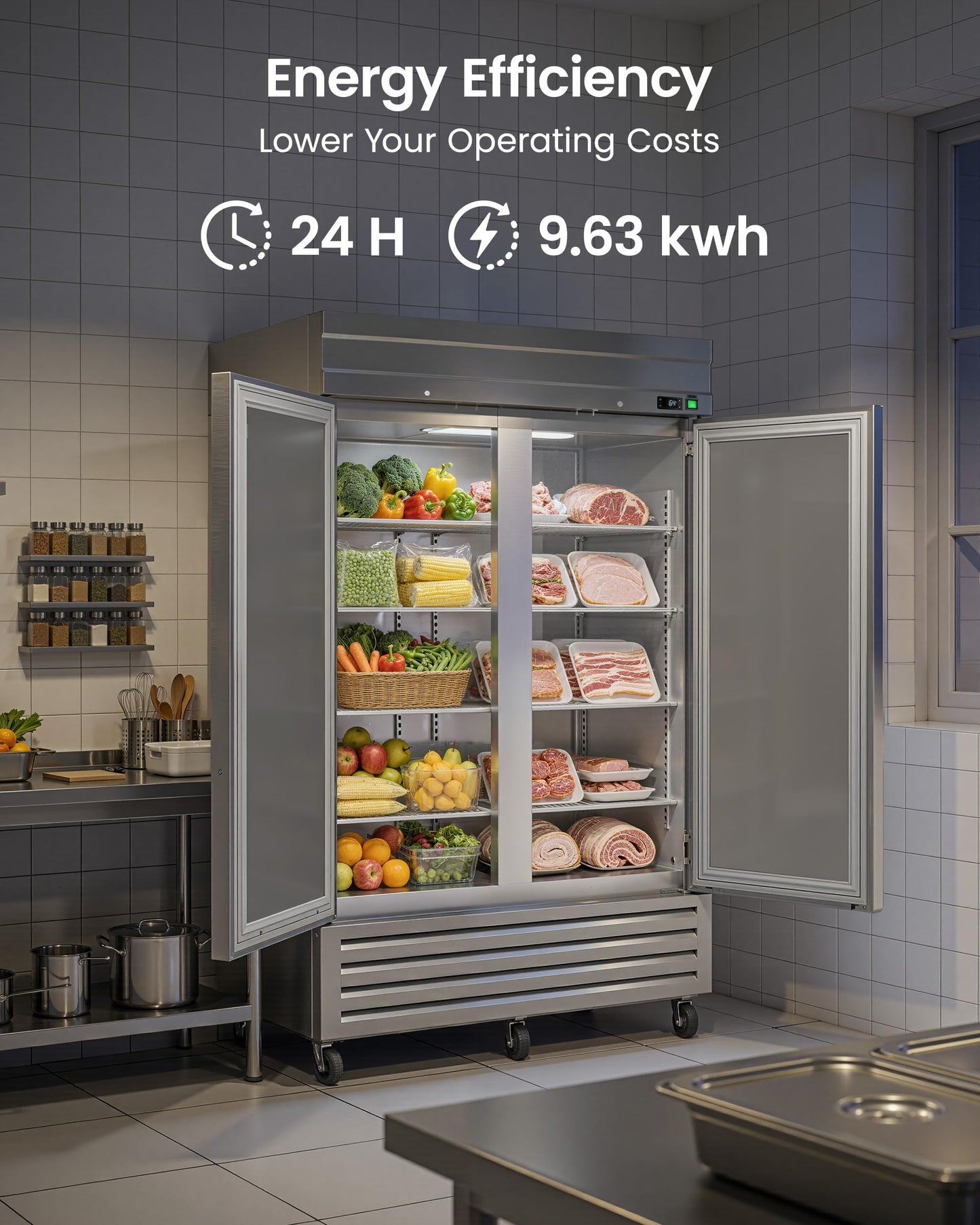 54" Commercial Reach-In Freezer, 42 Cu.Ft Upright Stainless Steel Freezer, 2 Solid Doors, Auto Defrost, -10°F to 10°F Temperature Range, Commercial Freezer for Restaurant, Bar, Shop