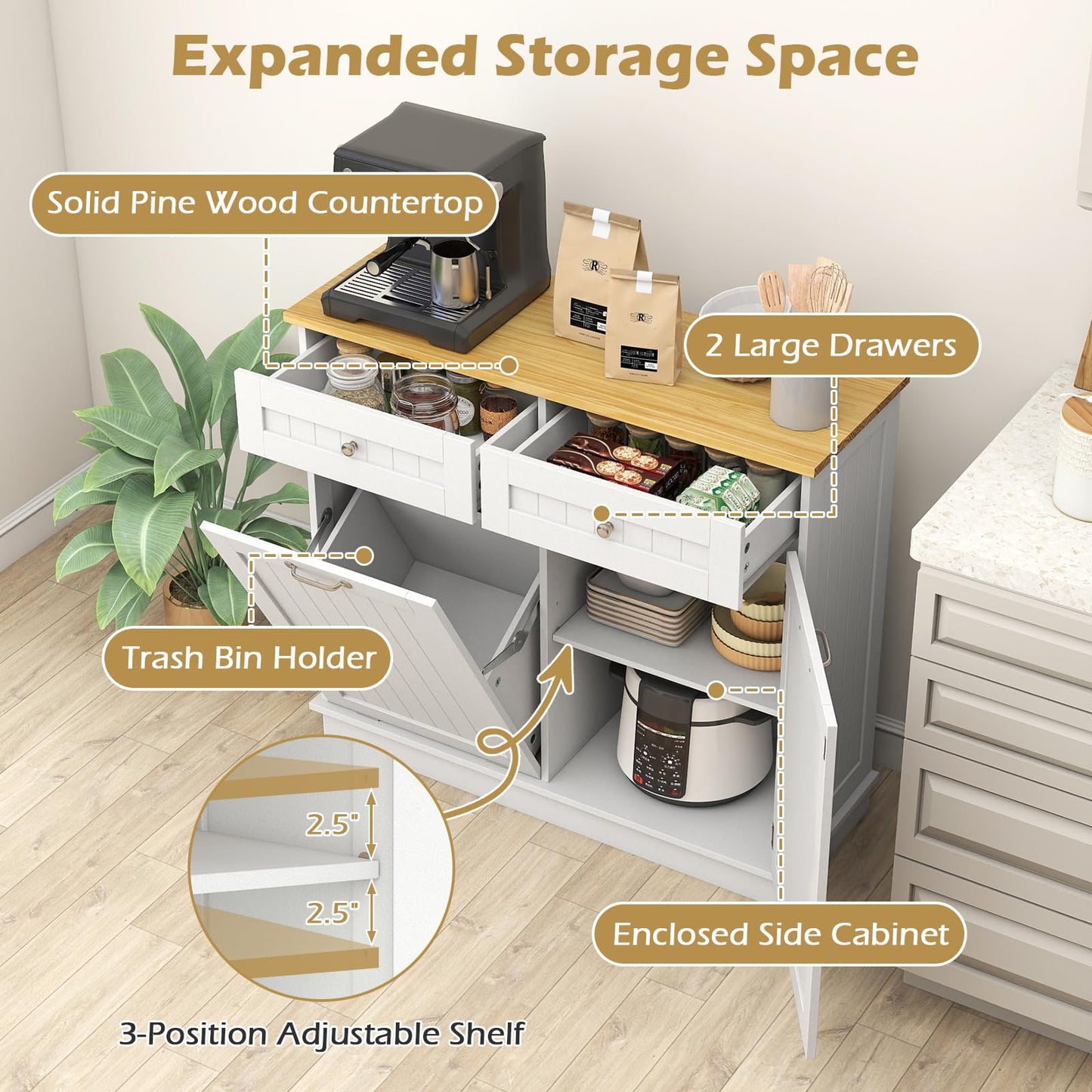 Giantex Tilt Out Trash Can Cabinet, Kitchen Island Table w/Solid Wood Top, 2 Drawers, Adjustable Shelf for Hidden Laundry Hamper, Pet Proof Garbage Can for Dining Living Room (White, 14.5 Gal)