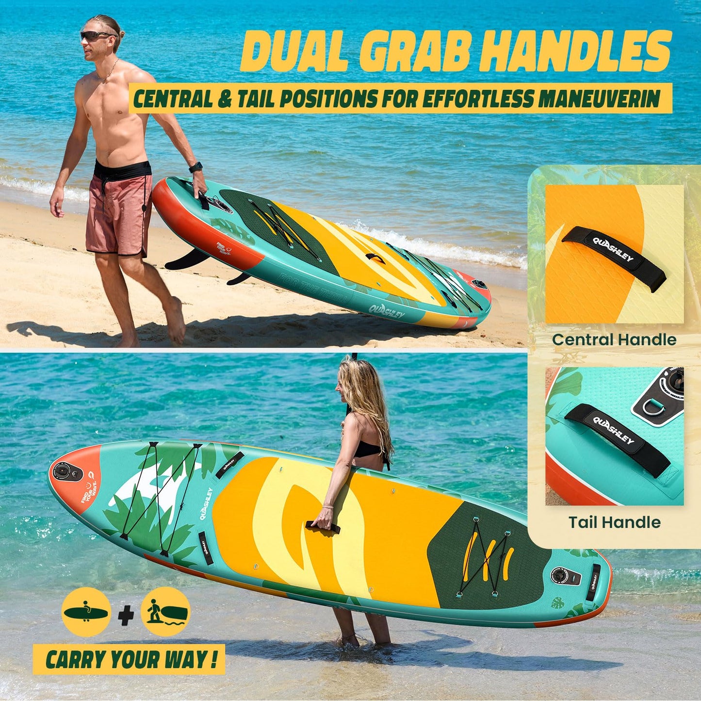 Quashley Inflatable Stand Up Paddle Boards 34" Wide SUP Boards with All Premium Paddleboards Accessories,Stable Design for Beginners Green Paddle Boards