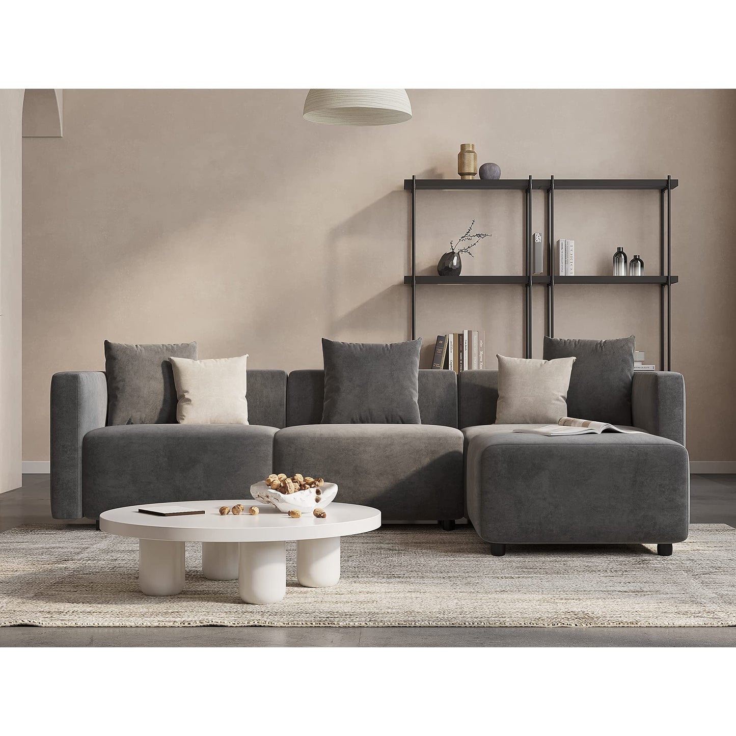 Acanva Luxury L-Shaped Upholstery Convertible Modular Sectional Sofa, Contemporary Reversible Couch with Chaise Lounge for Living Room, Apartment, 4 Piece Set, Suedette Dark Grey