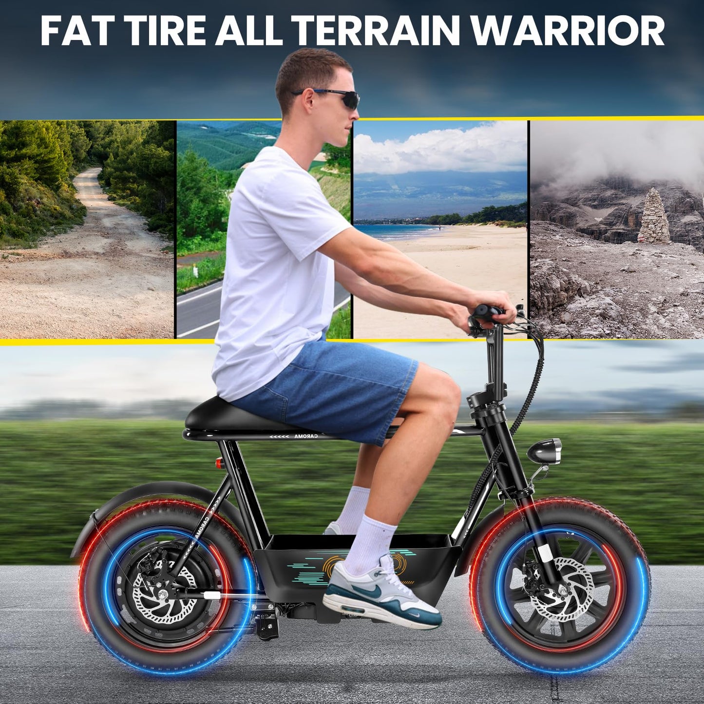Caroma Peak 560W Electric Scooters with Seat for Adults, 16" Fat Tire for All-Terrain, 15Miles Max Range, 20mph Top Speed, Commuter Escooter for Adults&Teens, Motorcycle Style with Carry Basket,Black