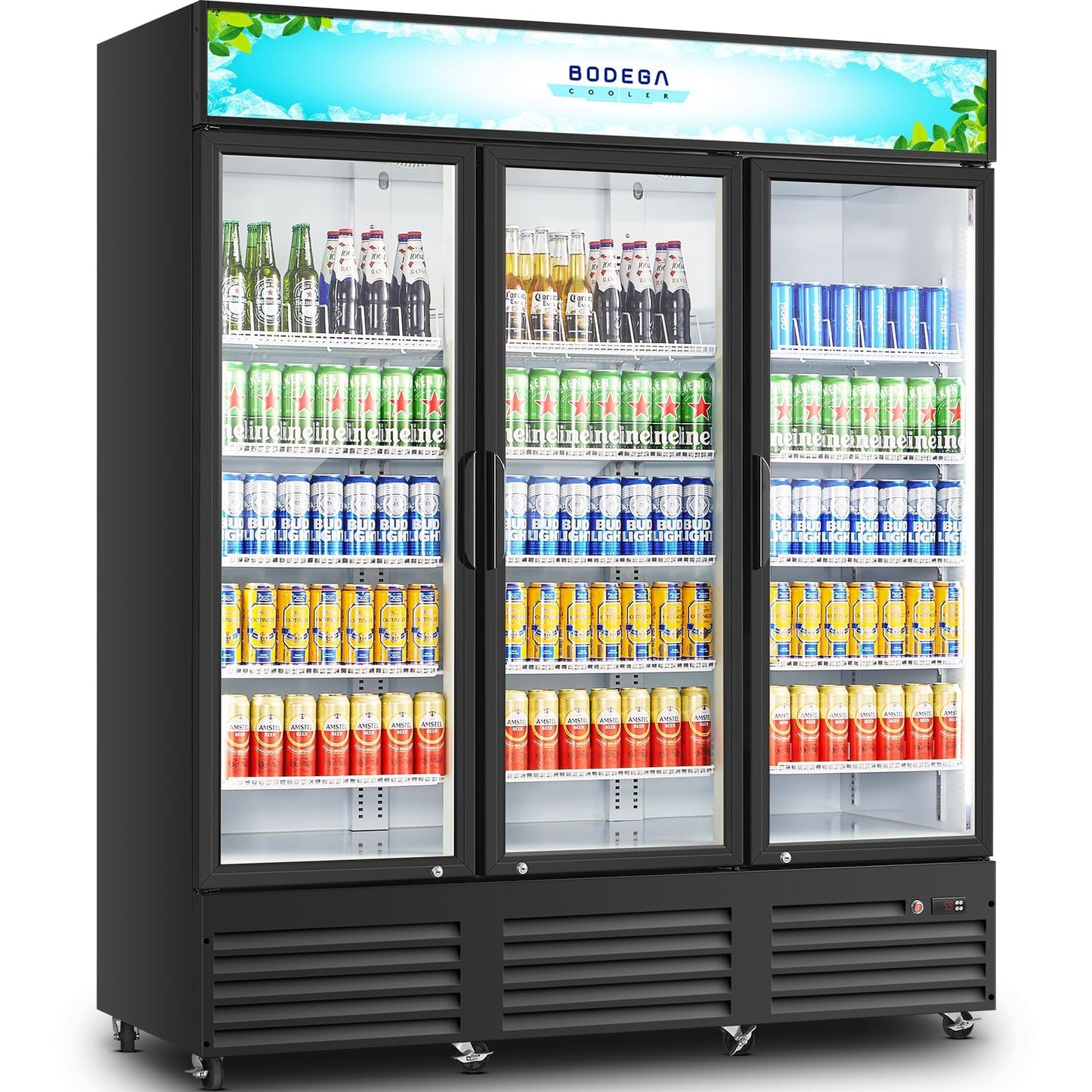 BODEGACOOLER 67.3“W 53 Cu. Ft Commercial Beverage Refrigerator,3 Glass Door Merchandiser Cooler, Display Refrigerator with LED Lighting, Adjustable Shelves, Temperature Control, Heavy-Duty Casters