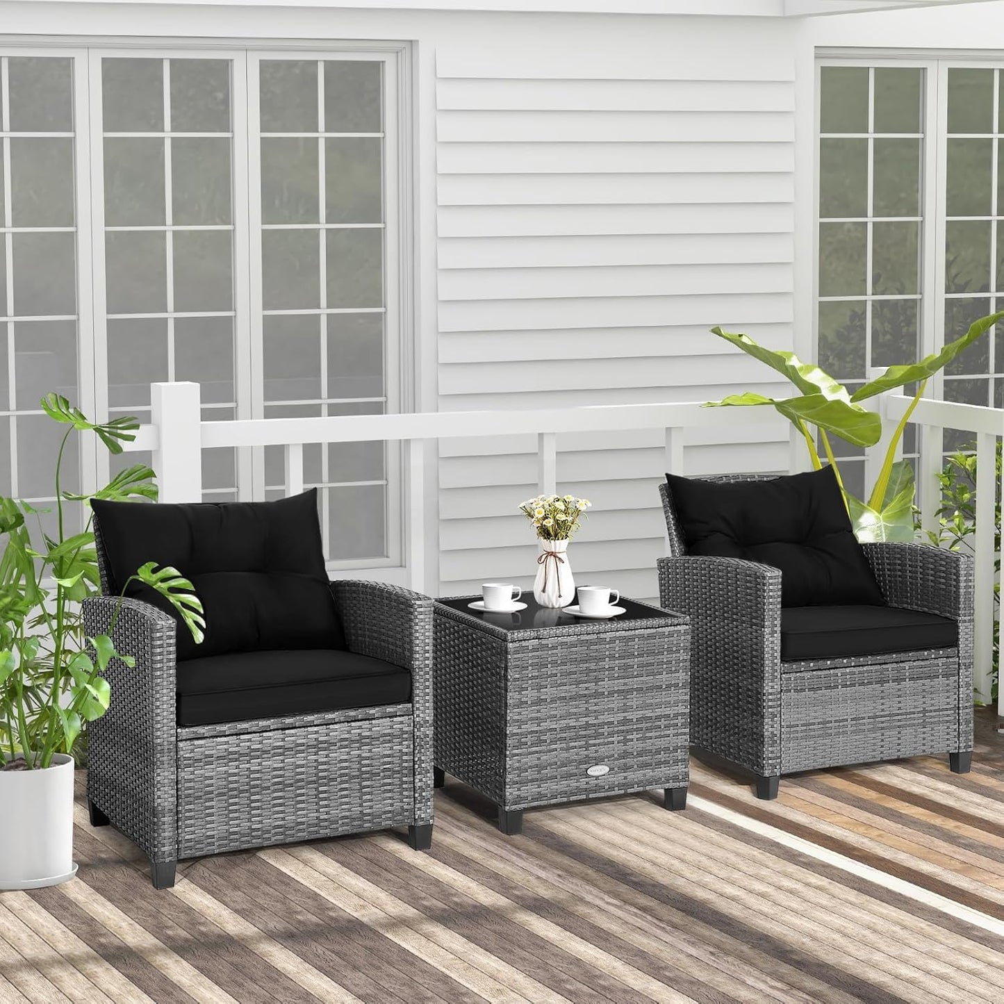 LDAILY Patio Furniture Set, 3 Pieces PE Rattan Wicker Patio Sofa Chairs with Washable Cushion & Glass Table, Outdoor Furniture Conversation Sets for Porch, Balcony, Garden, Poolside (Black)