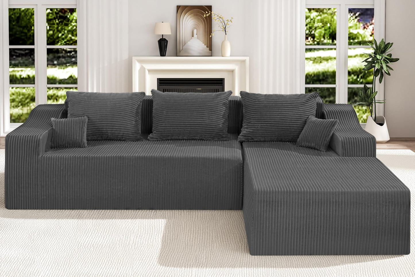 HABUTWAY 105" Modular Sectional Couches for Living Room, Boneless Couch with L-Shape Chaise,Comfy Sofa Living Room Sofas with Deep Seat,No Assembly, Corduroy Fabric(Grey,Right)