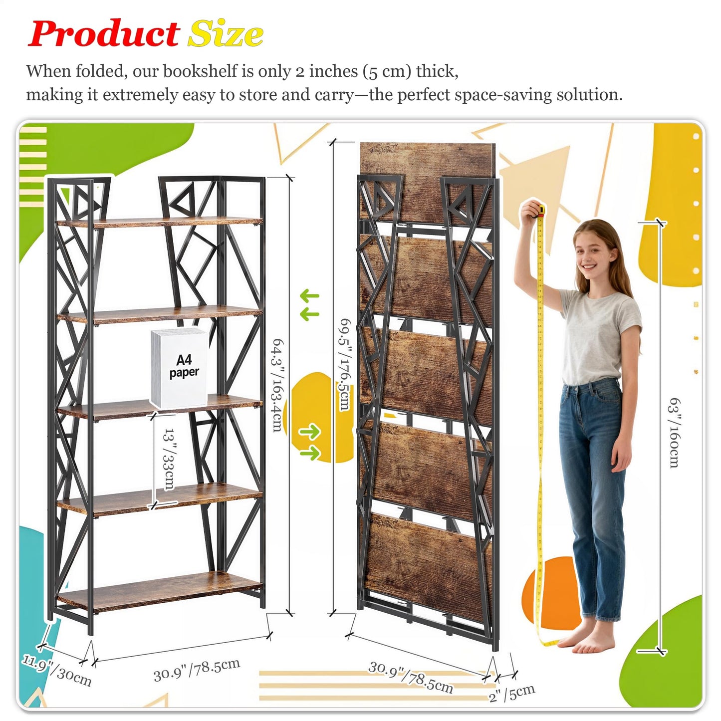 UDD No Assembly Wide Folding Bookshelf, 64.3" H x 30.9" W, 5 Tier Foldable Book Shelf Industrial Bookcase, Vintage Collapsible Storage Shelves for Home Office Living Room Bedroom, Rustic Brown Black