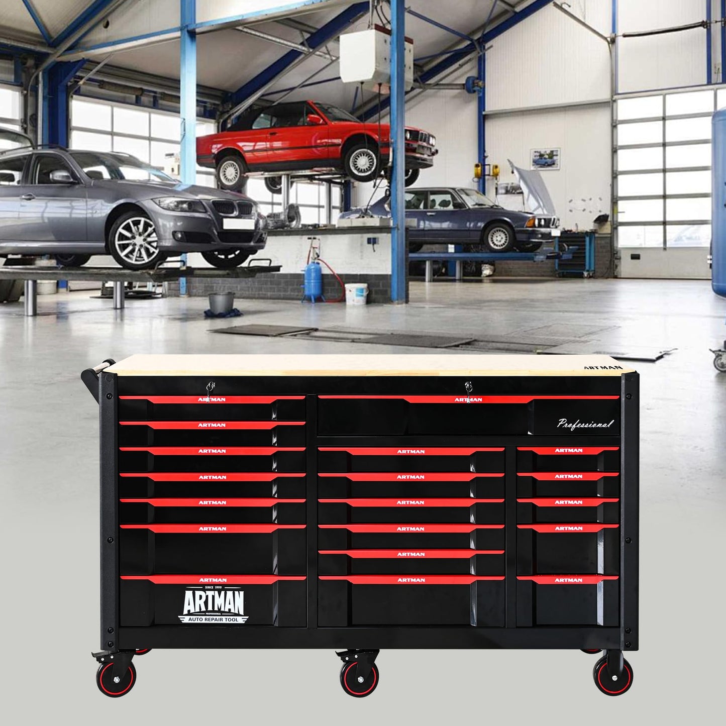KEIKI Automobile Repair Heavy Duty Tool Cart with 7+12 Drawers (Without Tools), Rolling Tool Chest Cabinet with Wheels, Metal Storage Organizer for Garage, Workshop, Laboratory (Black & Red)