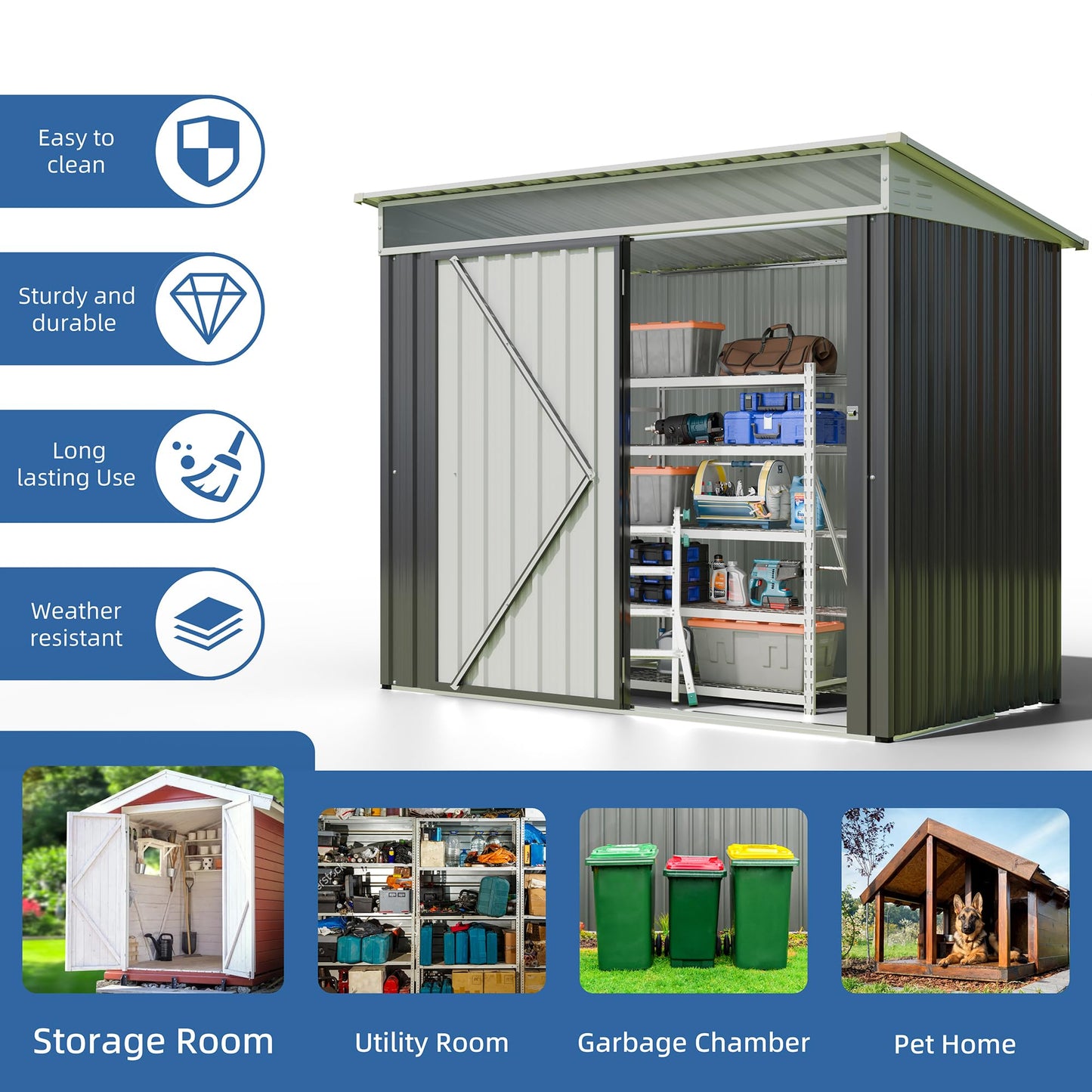 JY QAQA 6x4 FT Metal Outdoor Garden Storage Shed,Waterproof Metal Garden Sheds with Window and Lockable Double Door,Weather Resistant Steel Tool Storage House Shed for,Garden,Patio,Lawn, Dark Grey