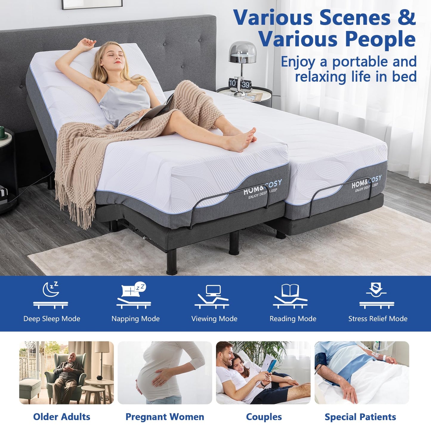 Queen Size Adjustable Bed Frame, Updated Adjustable Beds with Thickened Frame, Wireless Remote, Voice control, Separate Head/Foot Lift, Sturdy Metal, 0 Gravity/Anti-Snore, Smart Electric Bed Base