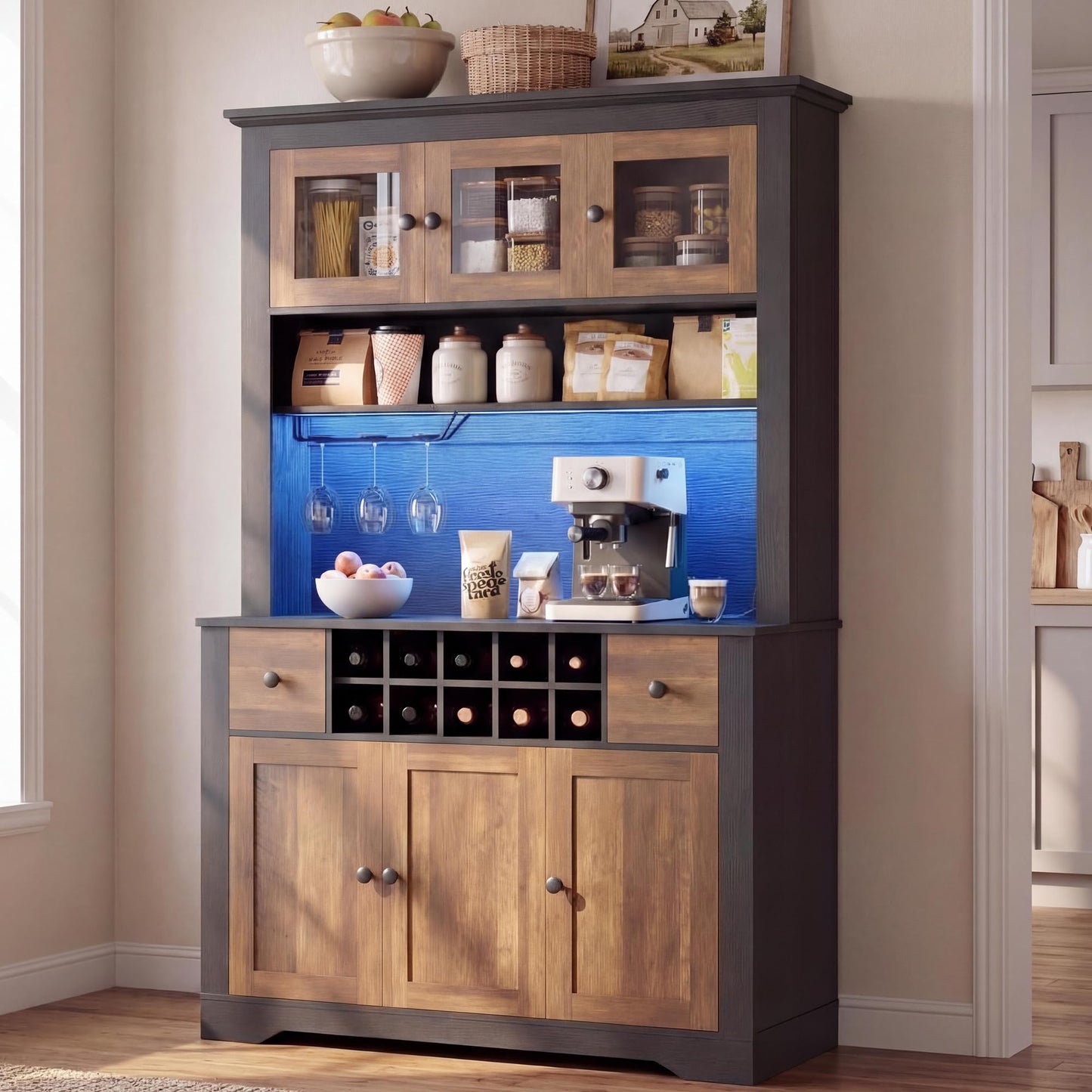 GAOMON 69" Pantry Cabinet with LED Light & Charging Station, Kitchen Pantry Storage Cabinet with Drawer & Adjustable Shelves, Coffee Bar Table for Kitchen Room, Living Room, Dining Room, Black