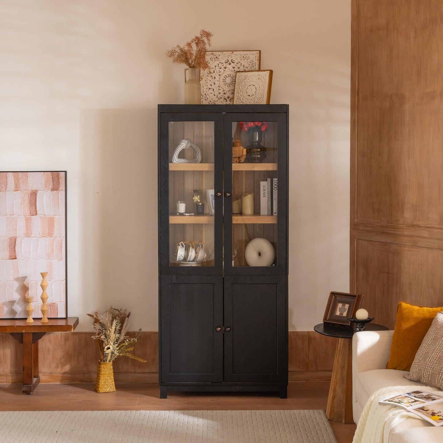 Merax 74.5''H Ash Wood Grain Display Cabinet Bookcase with Storage,Pantry with Glass Doors & Adjustable Shelves,Bookshelf Curio Cabinet for Hallways,Livingroom Kitchen & Office,Black