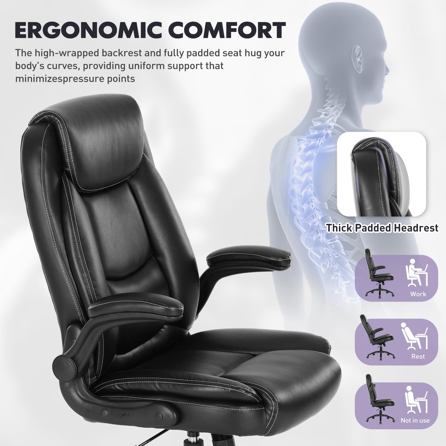 MALOL 400lbs Capacity Executive Desk Chair Set of 2 with Ergonomic Lumbar Support, Flip-up Arms & High Back Leather Computer Chair for Home/Office, Black