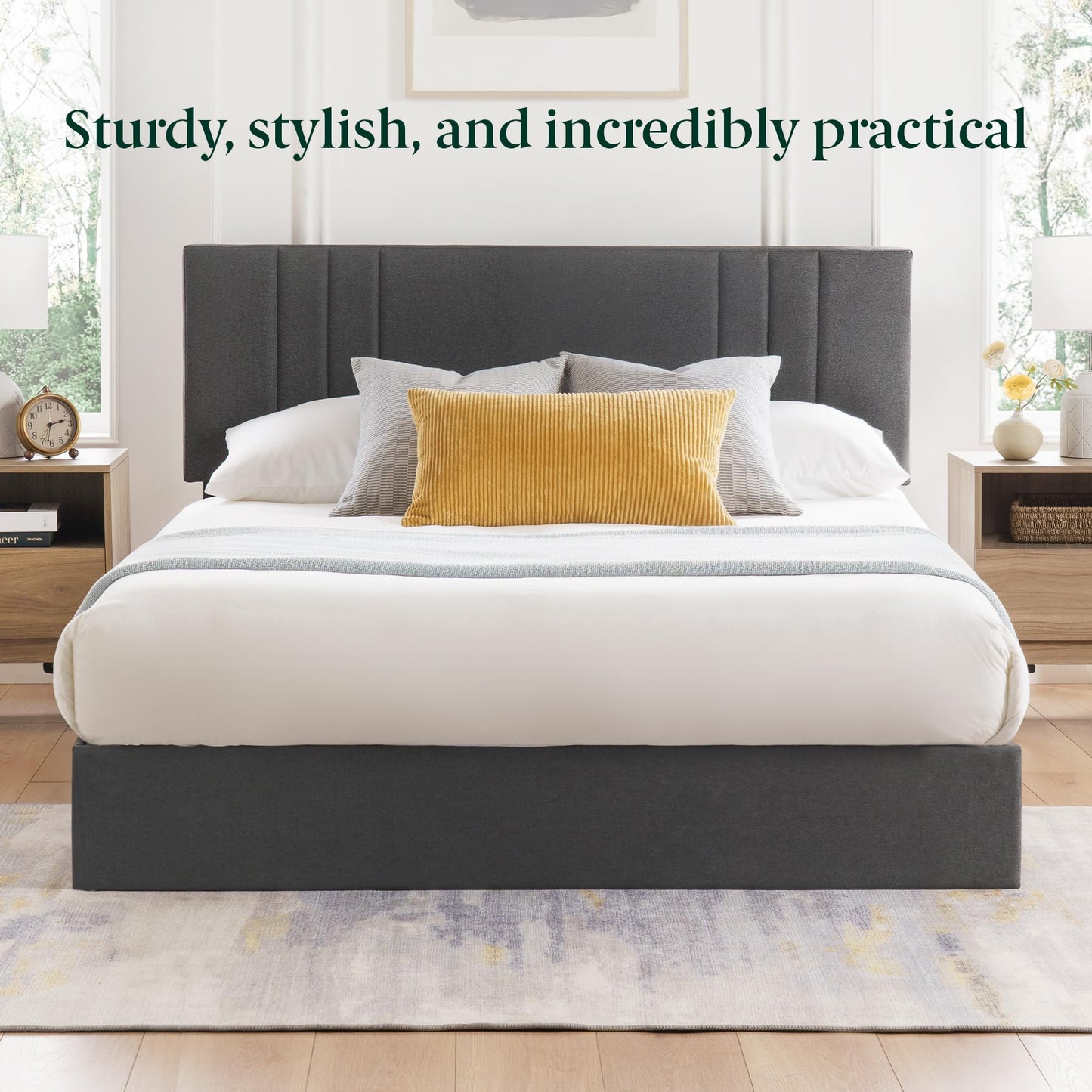 Zinus Billie Platform Bed Frame, Four Underbed Storage Drawers, Height Adjustable Headboard, Upholstered Style, Queen