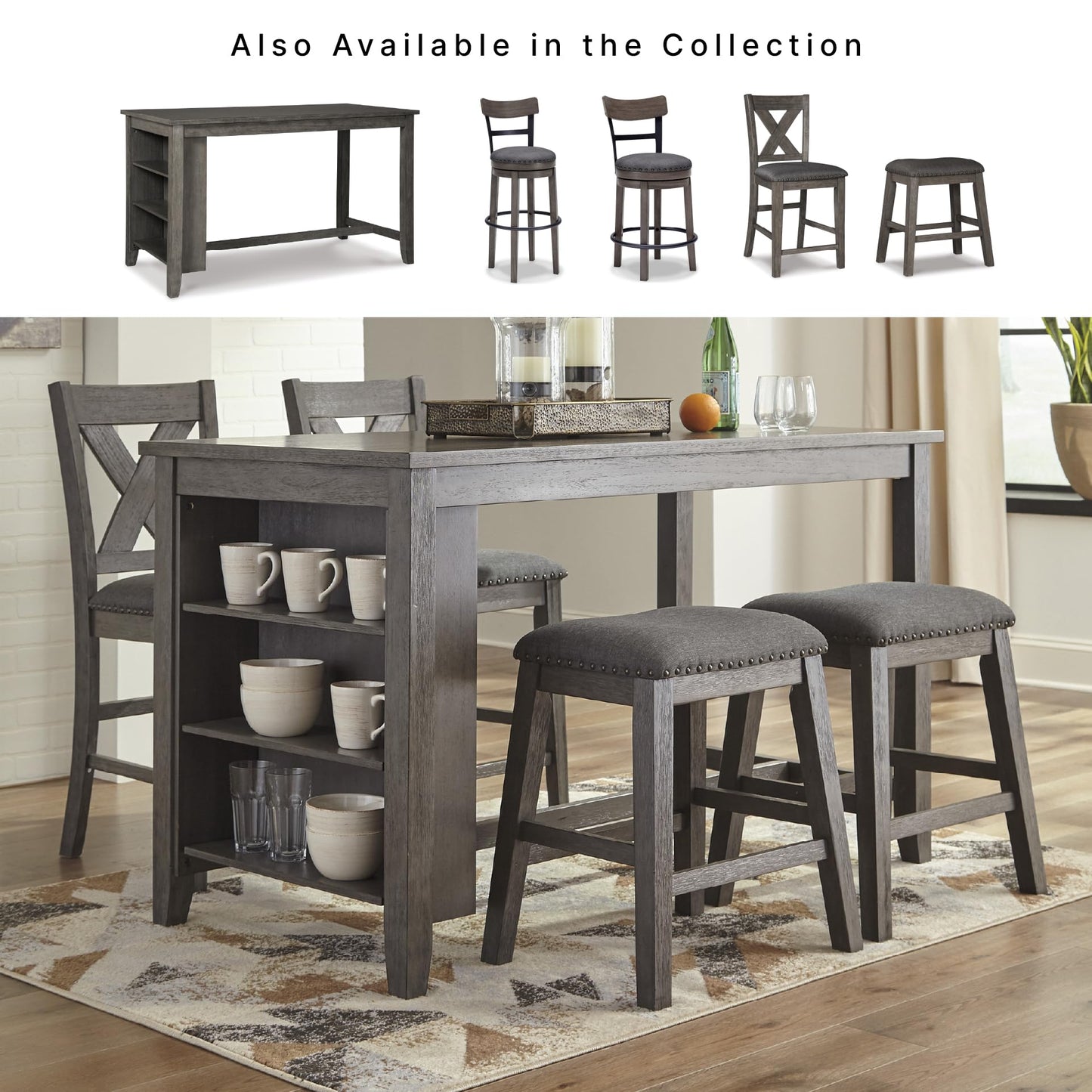 Signature Design by Ashley Caitbrook Dining Table, Counter Height Table With Shelves, Wood Construction In Antiqued Gray Wash, Space‑Saving For Small Rooms And Kitchens