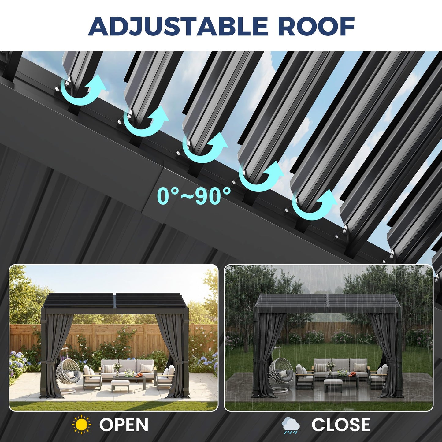 10' x 12' Louvered Pergola, Outdoor Pergola with Metal Adjustable Louvered Roof & Gutter System, Hardtop Patio Gazebo for Backyard, Patio, Garden, Dark Gray