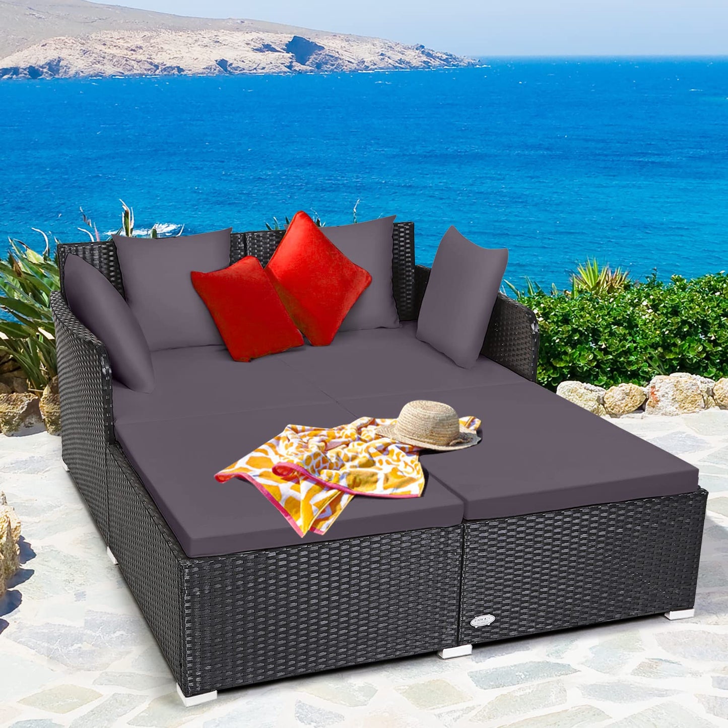 Tangkula Outdoor Rattan Daybed, Sunbed Wicker Furniture w/Spacious Seat, Upholstered Cushion & High-Resilience Sponge, Wicker Patio Sofa Set w/Extra Pillows for Courtyard Poolside (Grey)