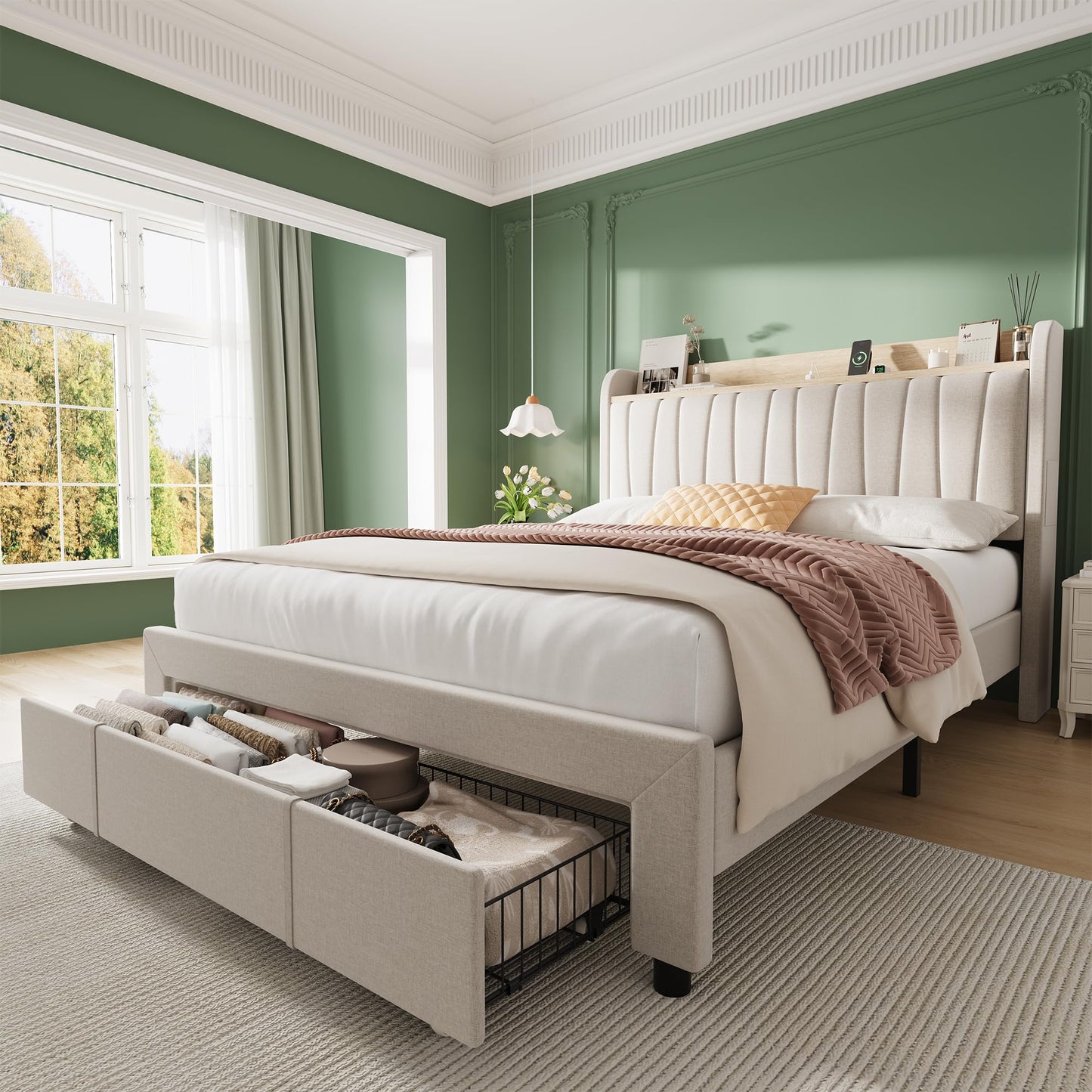 Garvee Upholstered Bed Frame Queen Size with Storage Headboard and Charging Station, Platform Bed Frame with Drawers, Heavy Duty, No Box Spring Needed, Easy Assembly, Beige