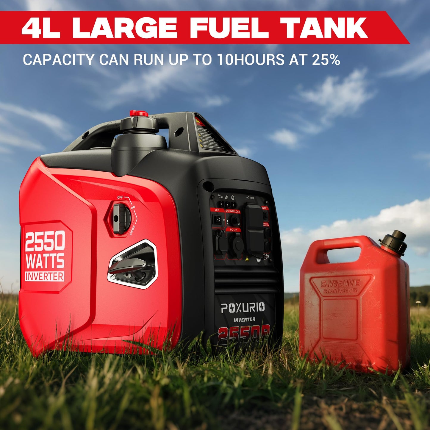 POXURIO 2550-Watt Portable Inverter Generator for Home Use, 1.06Gallon Large Fuel Tank Up to 10 Hours Use, 120V Gas Powered Generator Super Quiet - EPA Compliant-Red