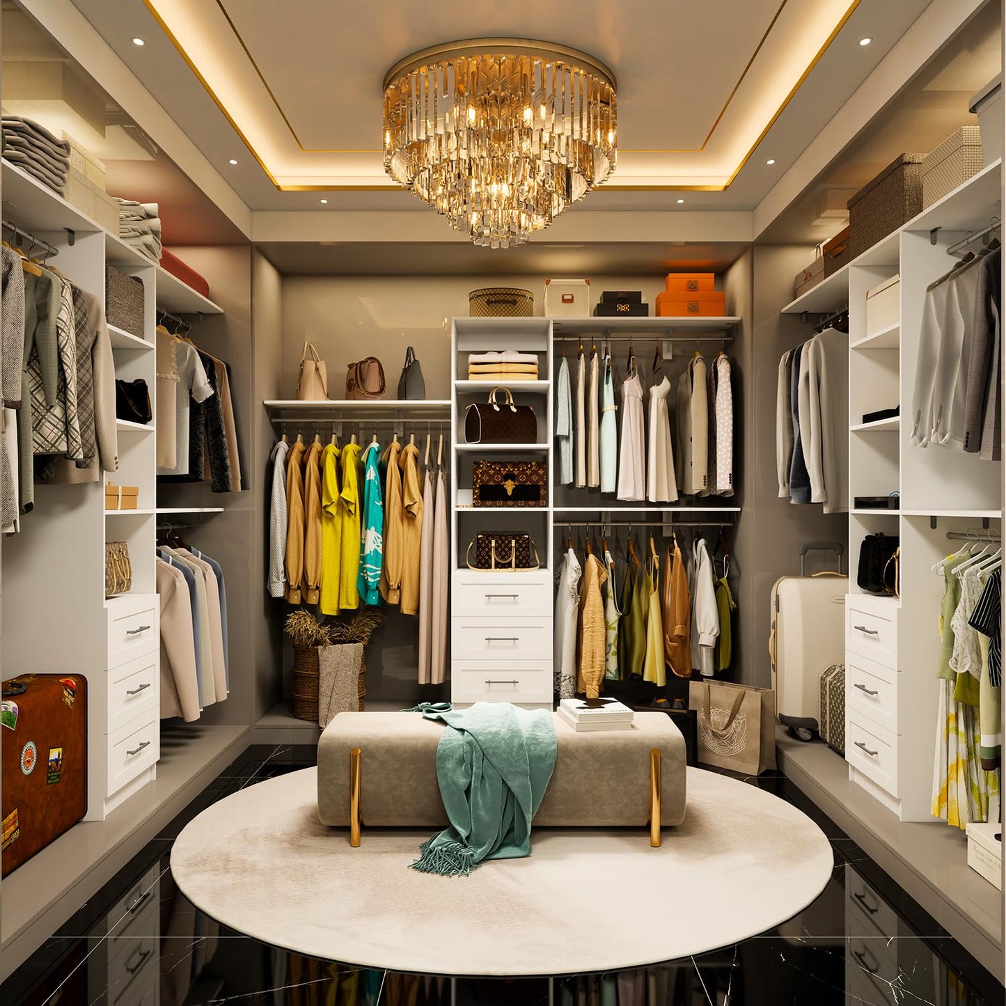 Closet System with Drawers, 5FT-8FT Closet Organizer System with Shelves & Expandable Hanging Rods, Walk in Storage Closet System Wood, White